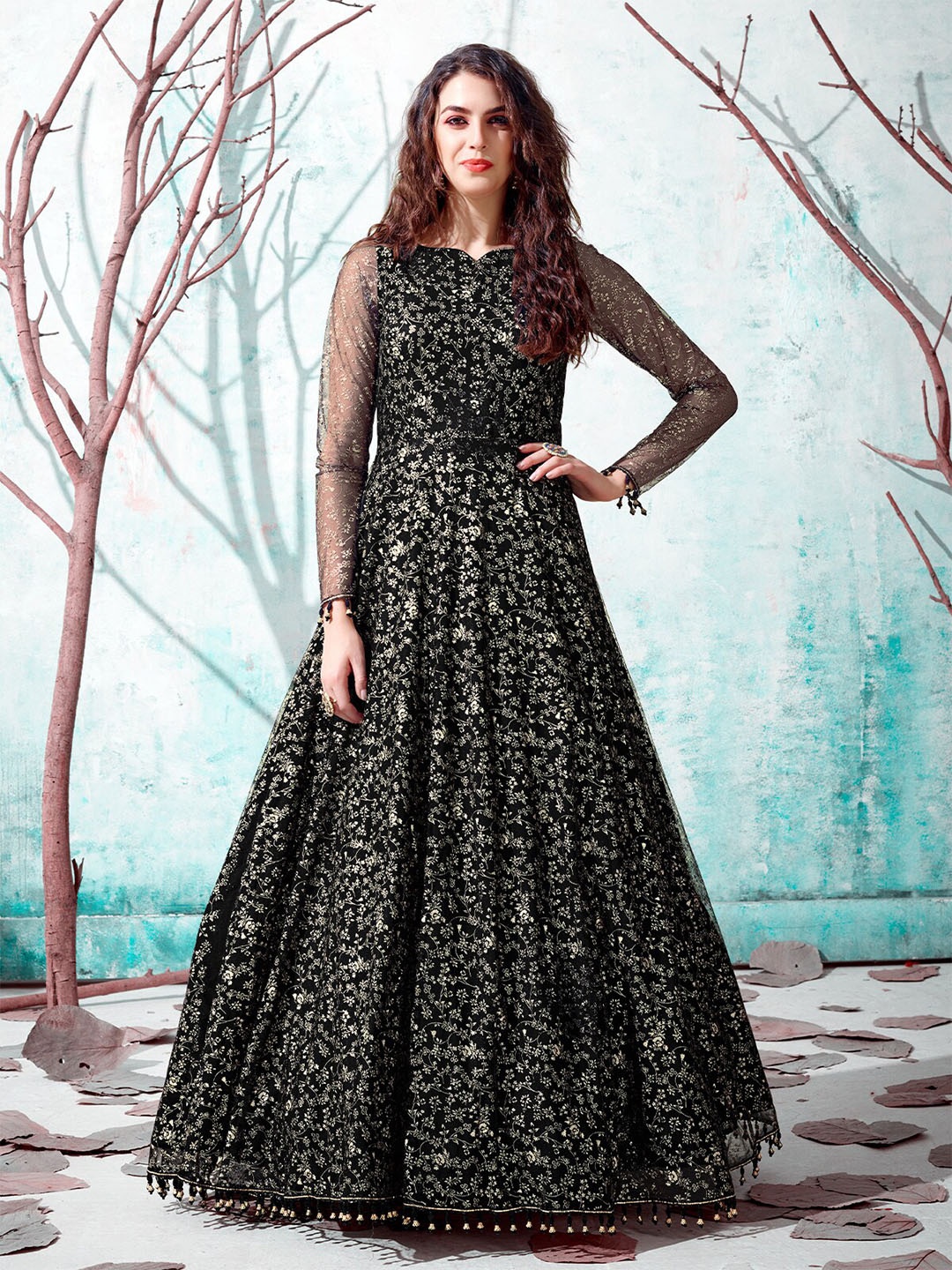 ODETTE Floral Embroidered Round Neck Embellished Semi Stitched Gown Maxi Ethnic Dress, Black
ODETTE Floral Embroidered Round Neck Embellished Semi Stitched Gown Maxi Ethnic Dress, Black