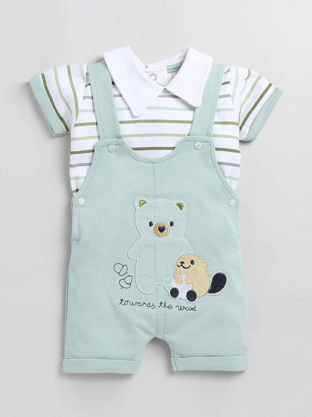 BRATS AND DOLLS Infant Kids Embroidered & Pure Cotton Dungarees With Striped T-Shirt, Green
BRATS AND DOLLS Infant Kids Embroidered & Pure Cotton Dungarees With Striped T-Shirt, Green