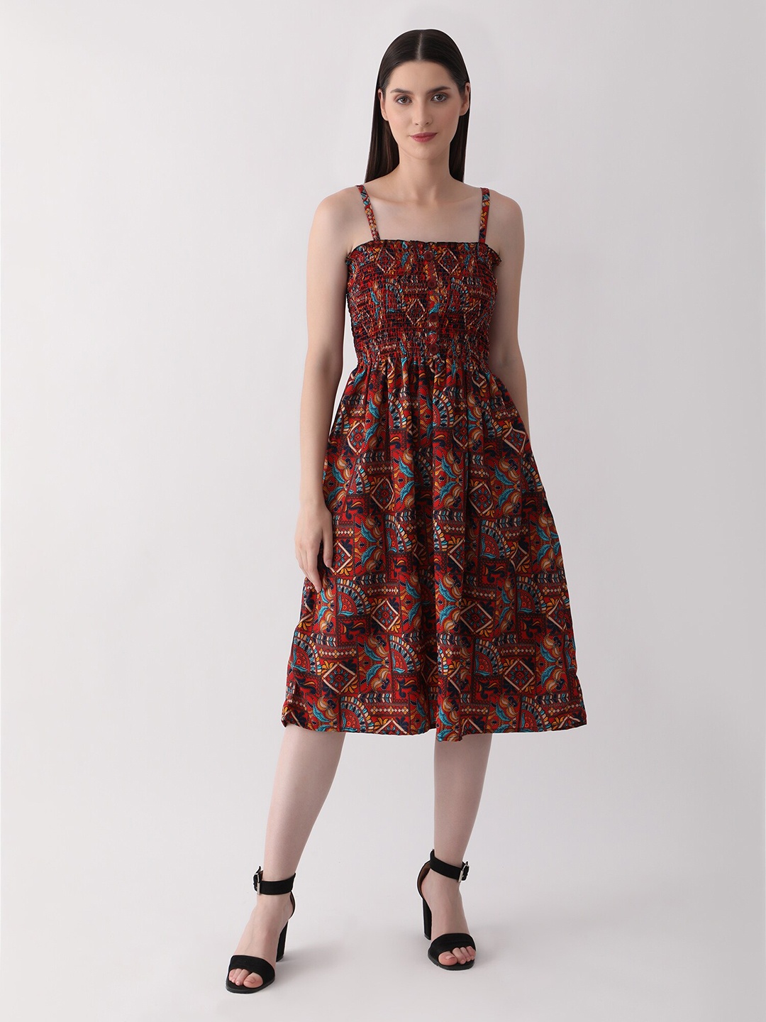 DKGF FASHION Ethnic Motifs Printed Shoulder Straps Smocked Detail Fit & Flare Midi Dress, Maroon
DKGF FASHION Ethnic Motifs Printed Shoulder Straps Smocked Detail Fit & Flare Midi Dress, Maroon