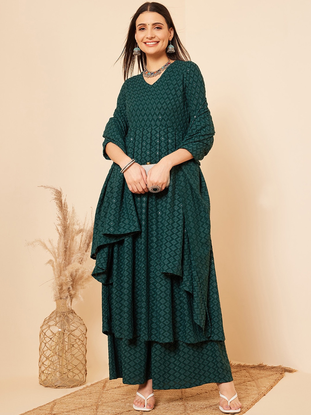 InWeave Green Ethnic Motifs Chikankari Embroidered Anarkali Kurta & Palazzos With Dupatta
InWeave Green Ethnic Motifs Chikankari Embroidered Anarkali Kurta & Palazzos With Dupatta