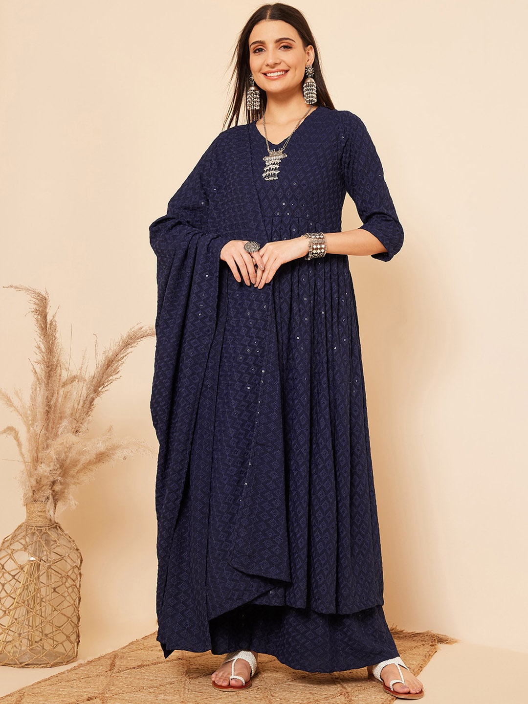InWeave Geometric Embroidered Sequinned Anarkali Kurta With Palazzos & With Dupatta, Blue
InWeave Geometric Embroidered Sequinned Anarkali Kurta With Palazzos & With Dupatta, Blue