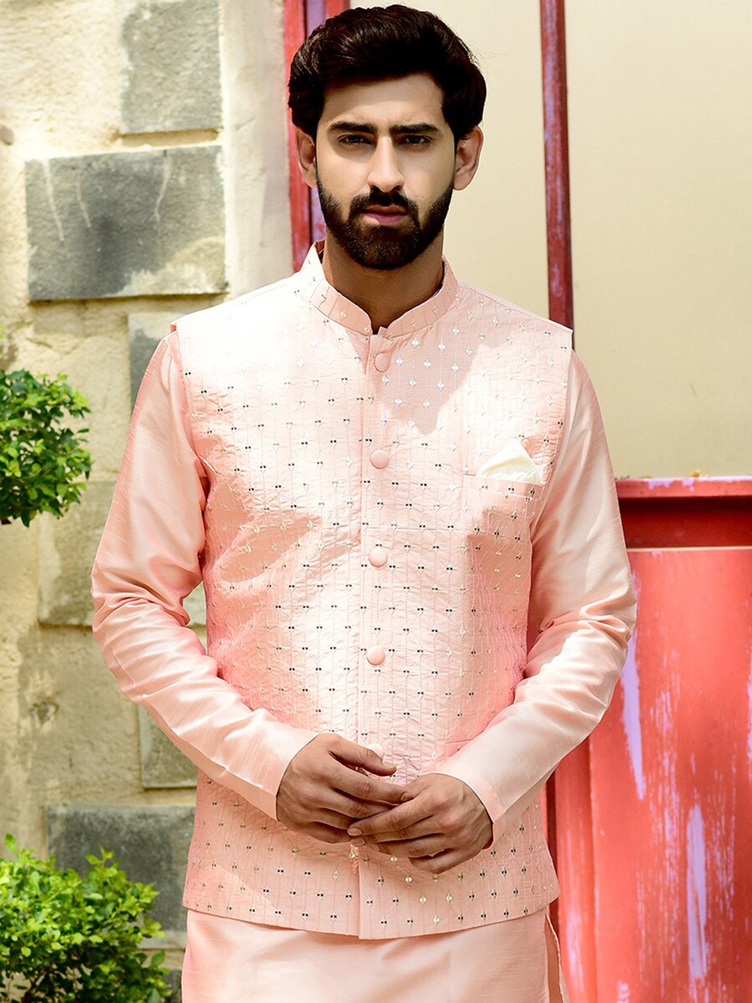 HOUSE OF DEYANN Embellished Nehru Jacket, Peach