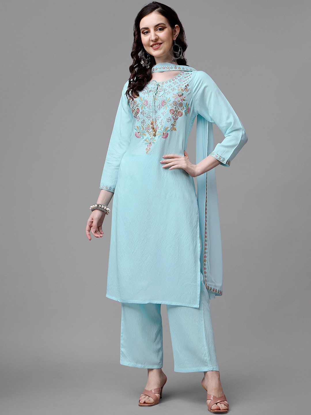 KALINI Floral Embroidered Yoke Design Chanderi Cotton Kurta with Palazzos & Dupatta, Blue
KALINI Floral Embroidered Yoke Design Chanderi Cotton Kurta with Palazzos & Dupatta, Blue