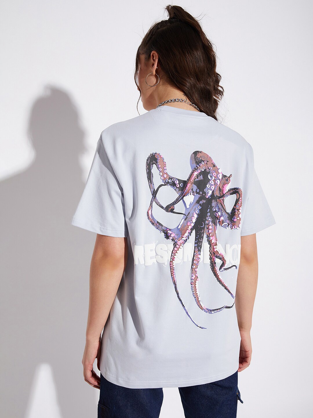 FUGAZEE Unisex Blue & Maroon Octopus Printed Oversized Pure Cotton T-shirt