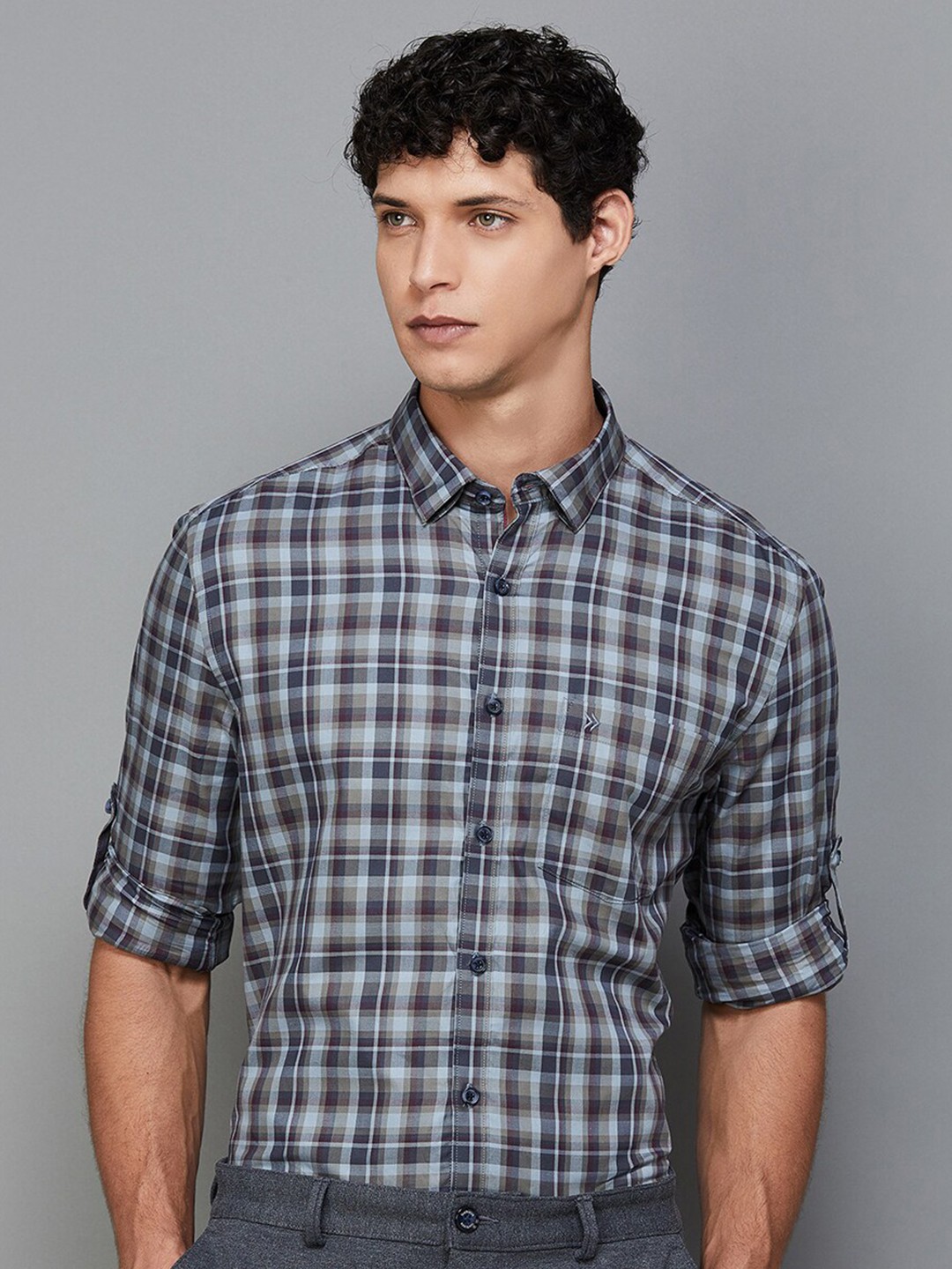 CODE by Lifestyle Spread Collar Slim Fit Tartan Checked Casual Cotton Shirt, Blue