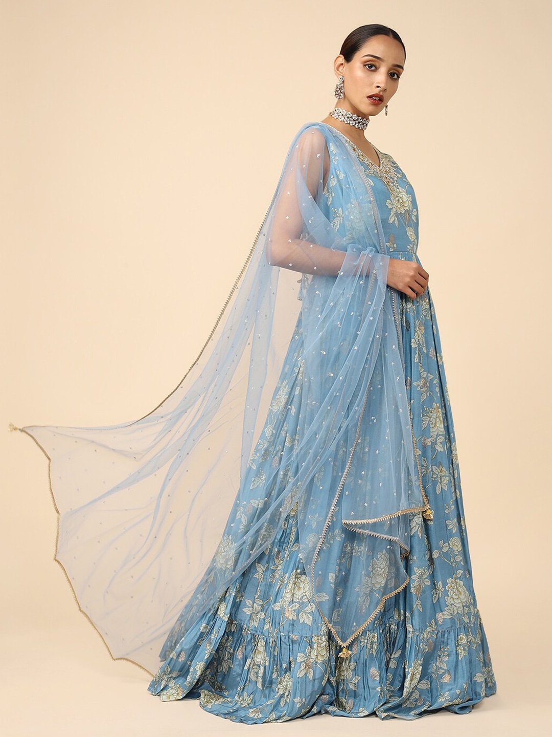 House Of Dharaa Floral Printed V-Neck Pure Silk Maxi Ethnic Dress with Dupatta, Blue
House Of Dharaa Floral Printed V-Neck Pure Silk Maxi Ethnic Dress with Dupatta, Blue