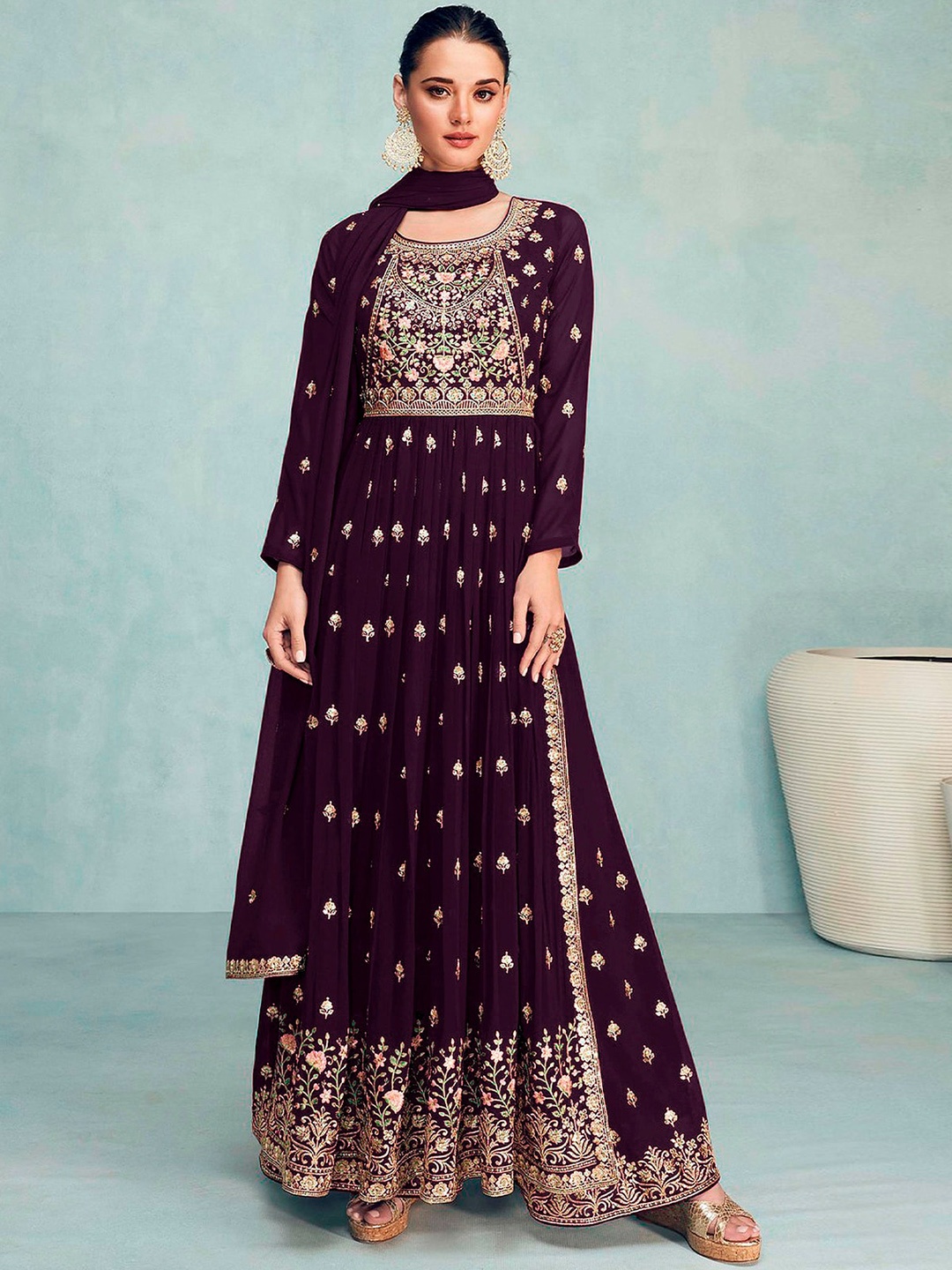 ODETTE Floral Embroidered Anarkali Semi Stitched Kurta with Palazzos & Dupatta, Purple
ODETTE Floral Embroidered Anarkali Semi Stitched Kurta with Palazzos & Dupatta, Purple