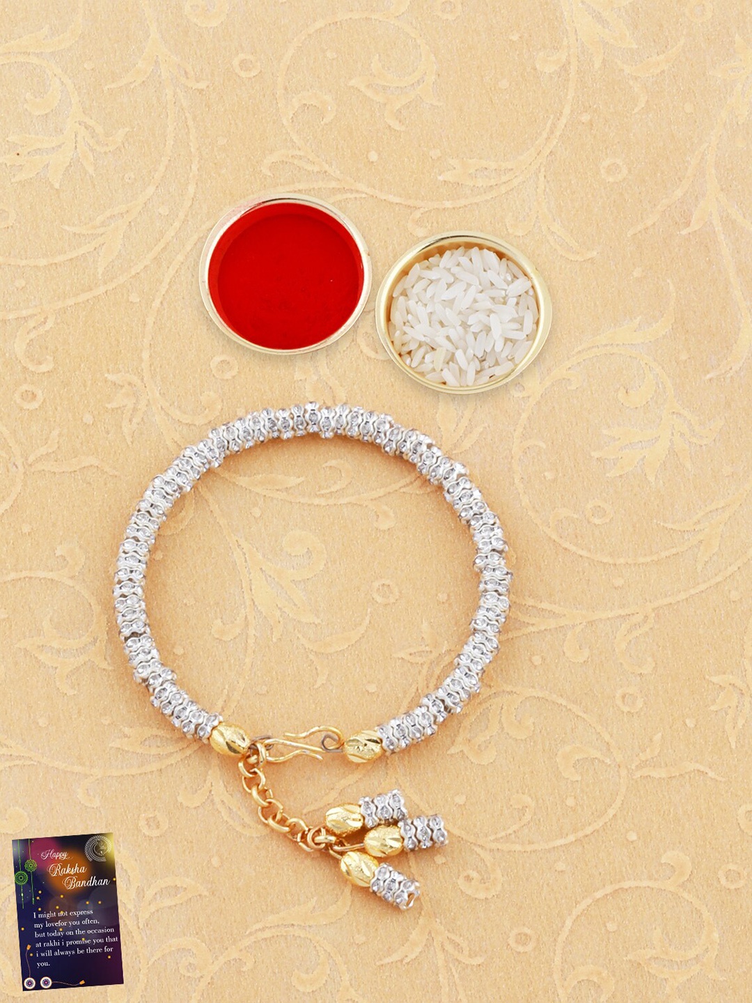 Silver Shine Unisex Set Of 2 Charm Rakhis With Roli Chawal 1 Greeting Card & Pooja Thali, Gold
Silver Shine Unisex Set Of 2 Charm Rakhis With Roli Chawal 1 Greeting Card & Pooja Thali, Gold