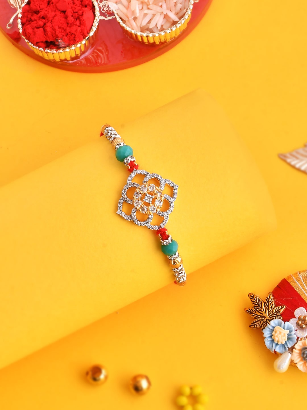 Aapno Rajasthan Men Crystals-Studded & Beaded Rakhi With Roli Chawal & Greeting Card, White
Aapno Rajasthan Men Crystals-Studded & Beaded Rakhi With Roli Chawal & Greeting Card, White