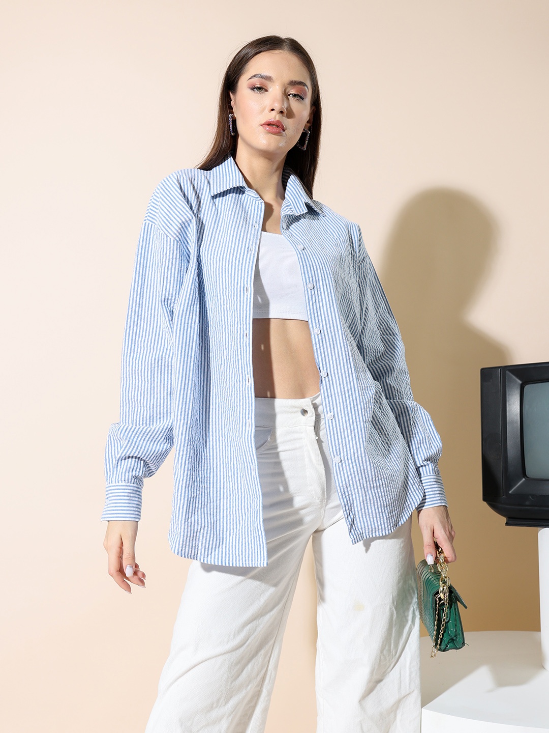 Stylecast X Hersheinbox Seersucker Striped Pure Cotton Oversized Longline Shirt, Blue
Stylecast X Hersheinbox Seersucker Striped Pure Cotton Oversized Longline Shirt, Blue
