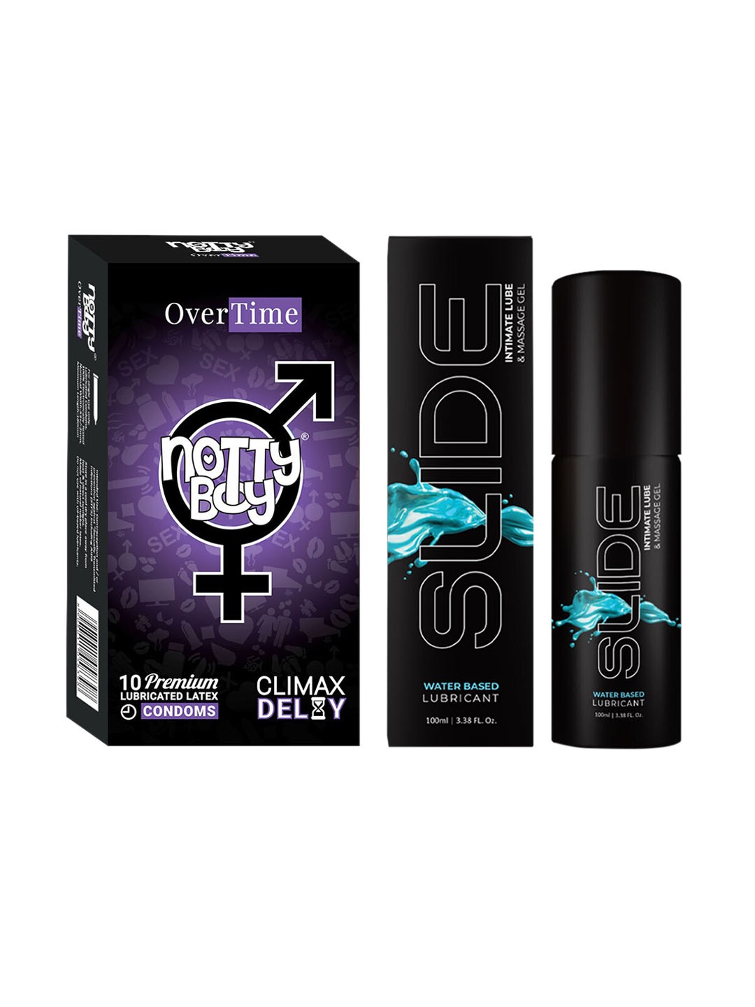 noTTy Boy Set Of 2 Slide Water Based Lubricant & Massage Gel - 100 ml With Condoms - 10Pcs, Black
noTTy Boy Set Of 2 Slide Water Based Lubricant & Massage Gel - 100 ml With Condoms - 10Pcs, Black