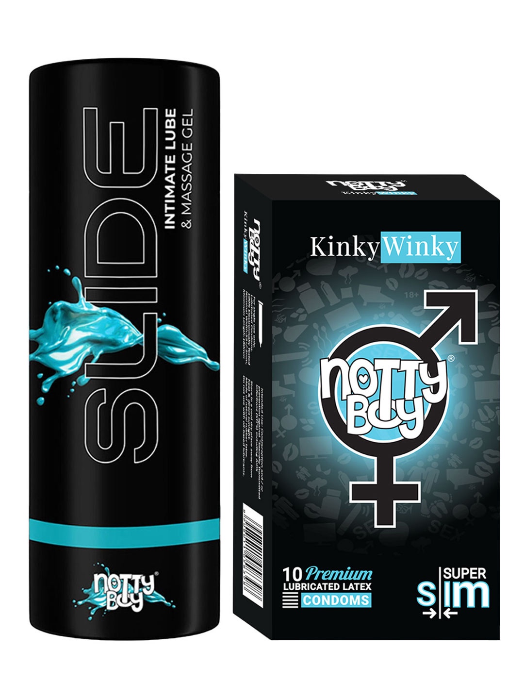 noTTy Boy Set of Slide Water Based Lube - 100 ml & KinkyWinky Condoms - 10 Pcs, Black
noTTy Boy Set of Slide Water Based Lube - 100 ml & KinkyWinky Condoms - 10 Pcs, Black