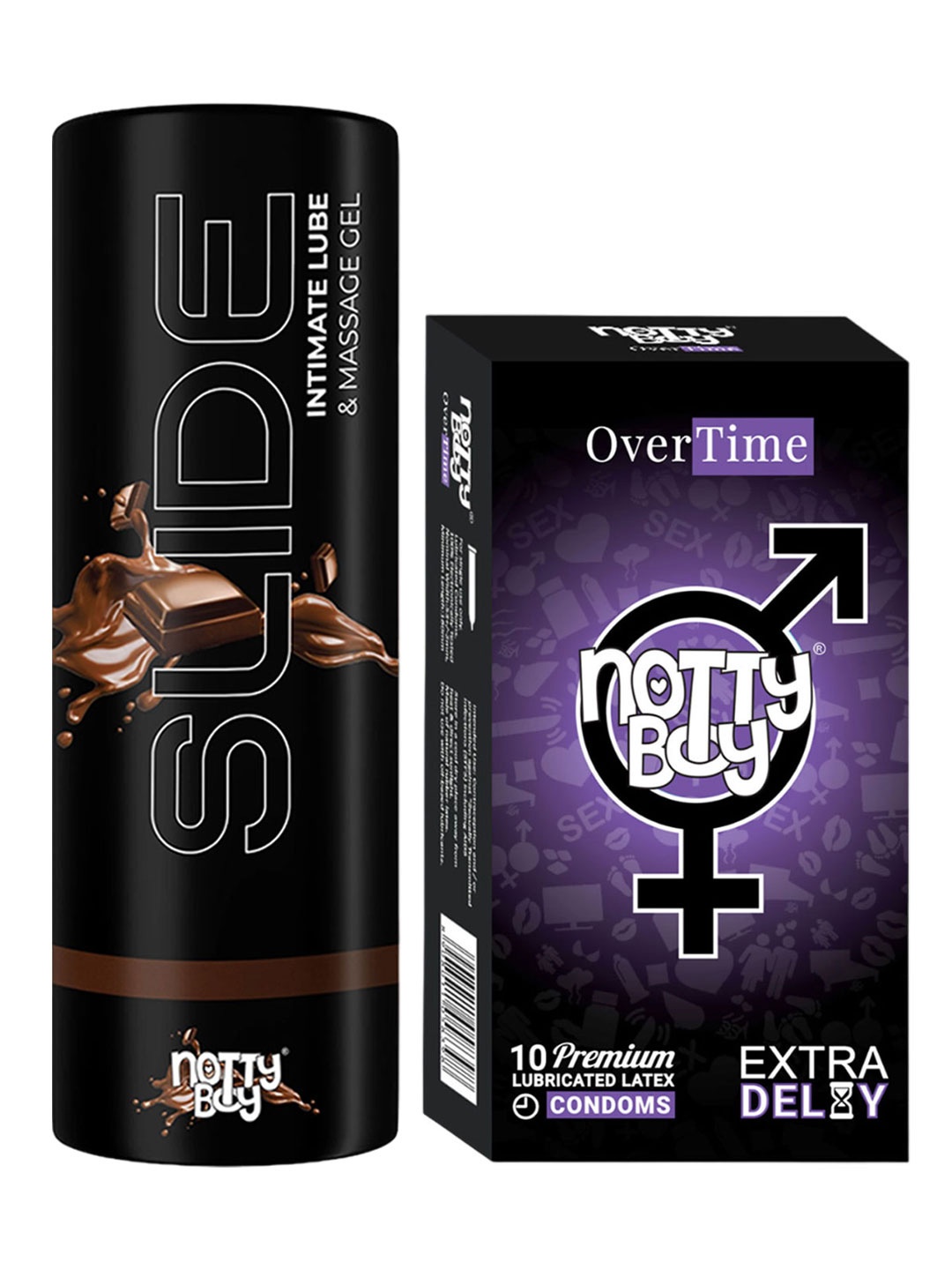 noTTy Boy Set of Slide Chocolate Flavoured Lube - 100 ml & OverTime Condoms - 10 Pcs, Black
noTTy Boy Set of Slide Chocolate Flavoured Lube - 100 ml & OverTime Condoms - 10 Pcs, Black
