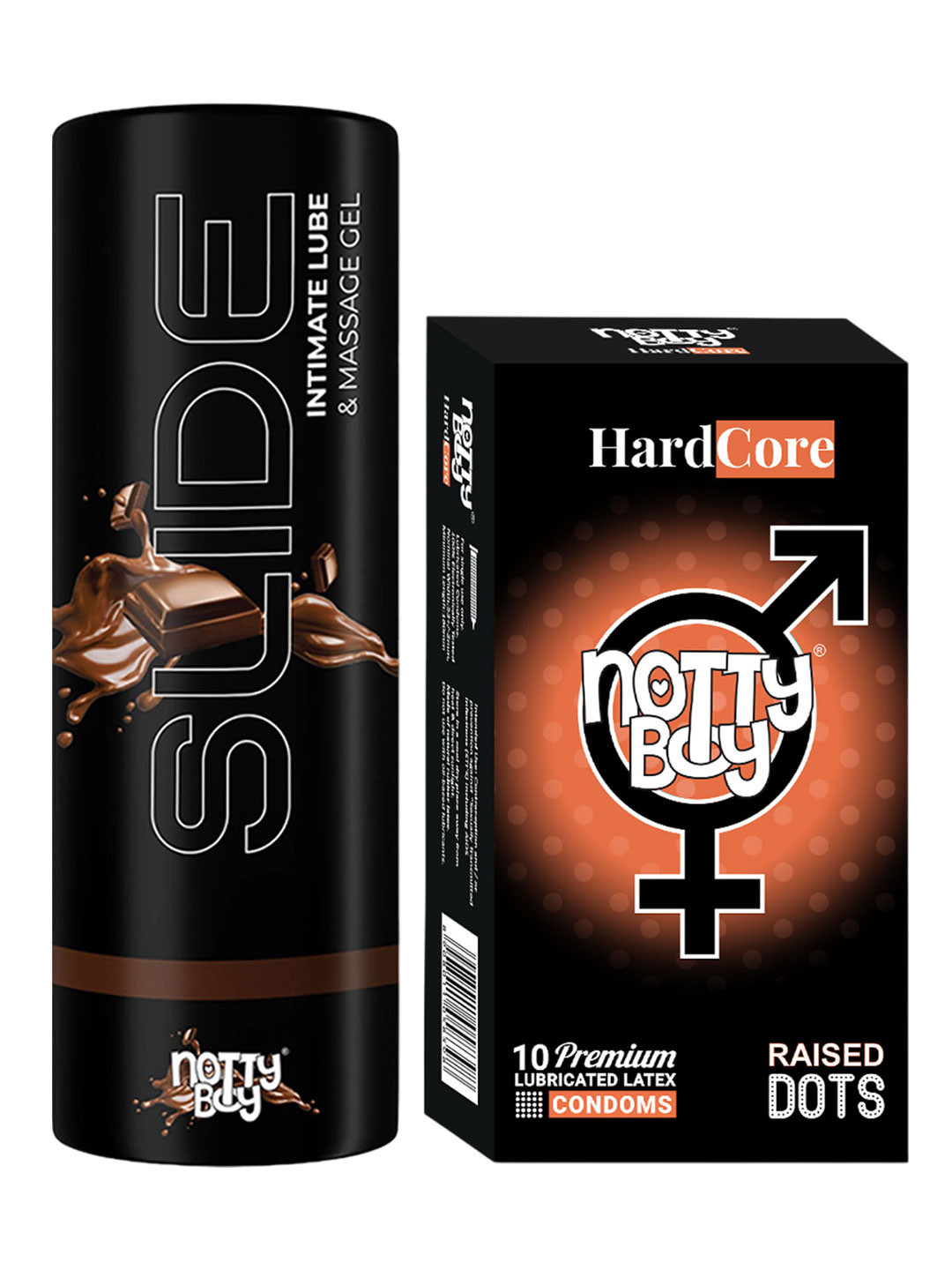 noTTy Boy Set of Slide Chocolate Flavoured Lube - 100 ml & HardCore Condoms - 10 Pcs, Black
noTTy Boy Set of Slide Chocolate Flavoured Lube - 100 ml & HardCore Condoms - 10 Pcs, Black