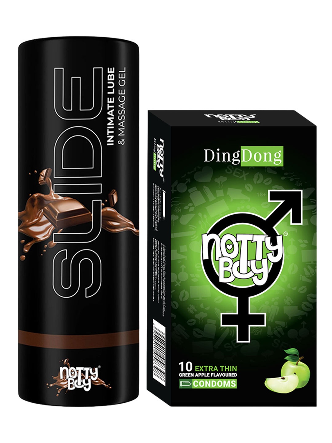 noTTy Boy Set of Slide Chocolate Flavoured Lube - 100 ml & DingDong Condoms - 10 Pcs, Black
noTTy Boy Set of Slide Chocolate Flavoured Lube - 100 ml & DingDong Condoms - 10 Pcs, Black