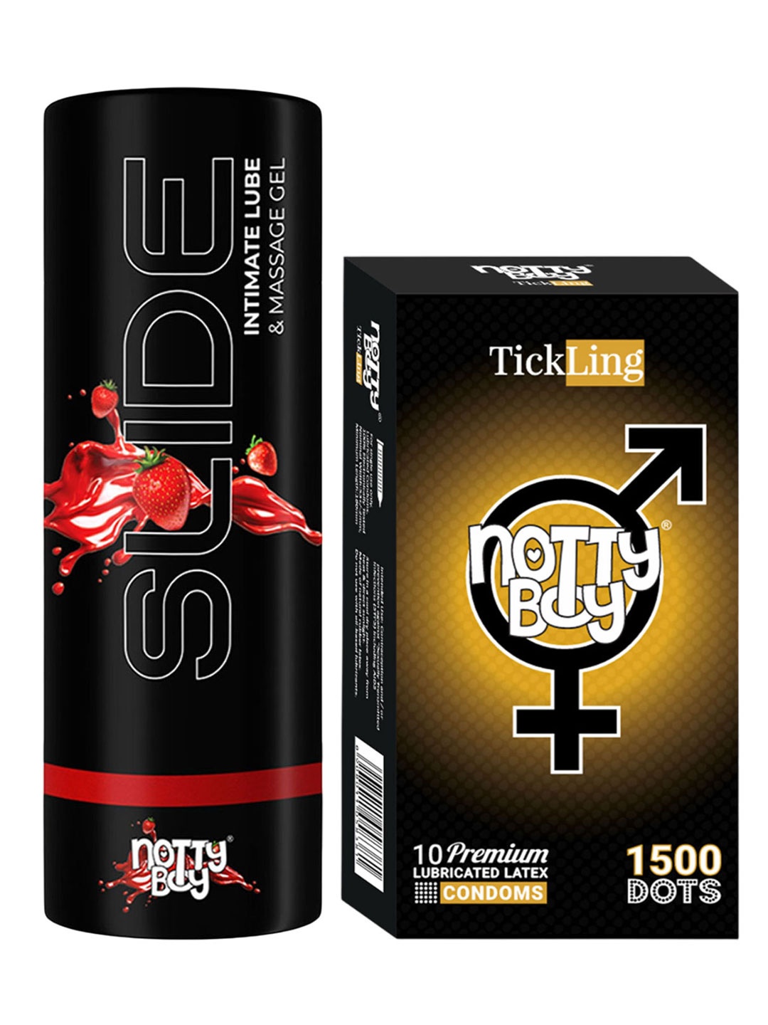 noTTy Boy Set of Slide Strawberry Flavoured Lube - 100 ml & TickLing Condoms - 10 Pcs, Black
noTTy Boy Set of Slide Strawberry Flavoured Lube - 100 ml & TickLing Condoms - 10 Pcs, Black