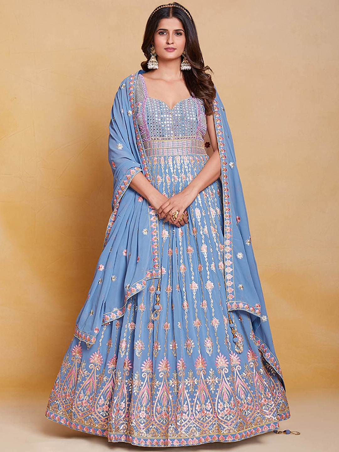 ODETTE Embroidered Sweetheart Neck Georgette Fit & Flare Ethnic Dresses with Dupatta, Blue
ODETTE Embroidered Sweetheart Neck Georgette Fit & Flare Ethnic Dresses with Dupatta, Blue