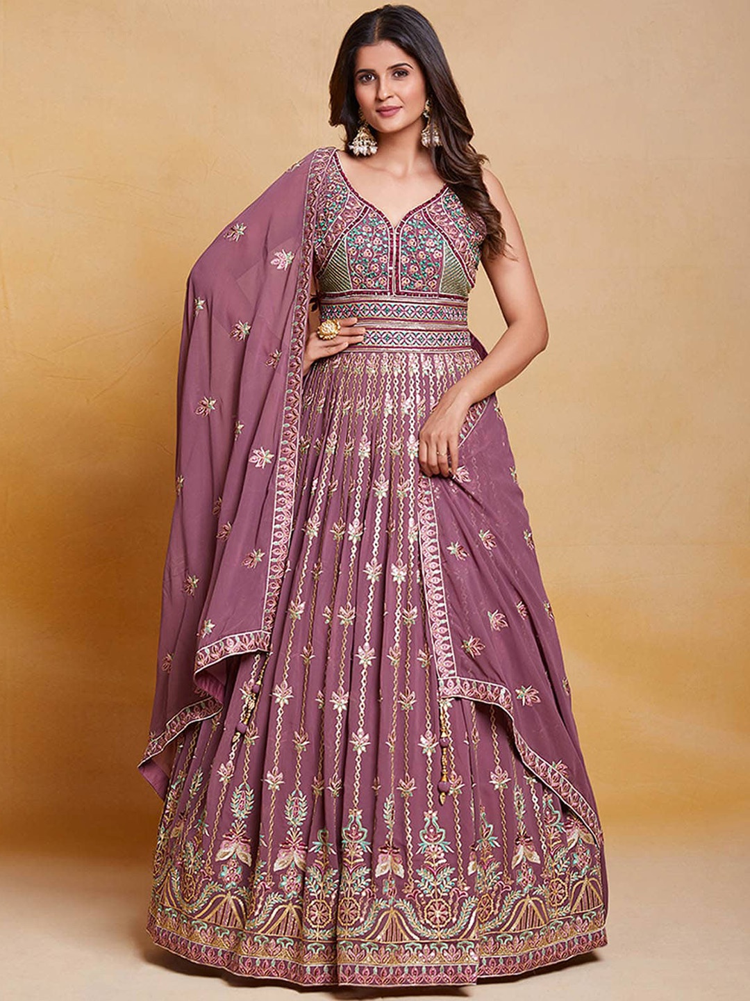 ODETTE Embroidered V-Neck Georgette Fit & Flare Ethnic Dresses with Dupatta, Lavender
ODETTE Embroidered V-Neck Georgette Fit & Flare Ethnic Dresses with Dupatta, Lavender