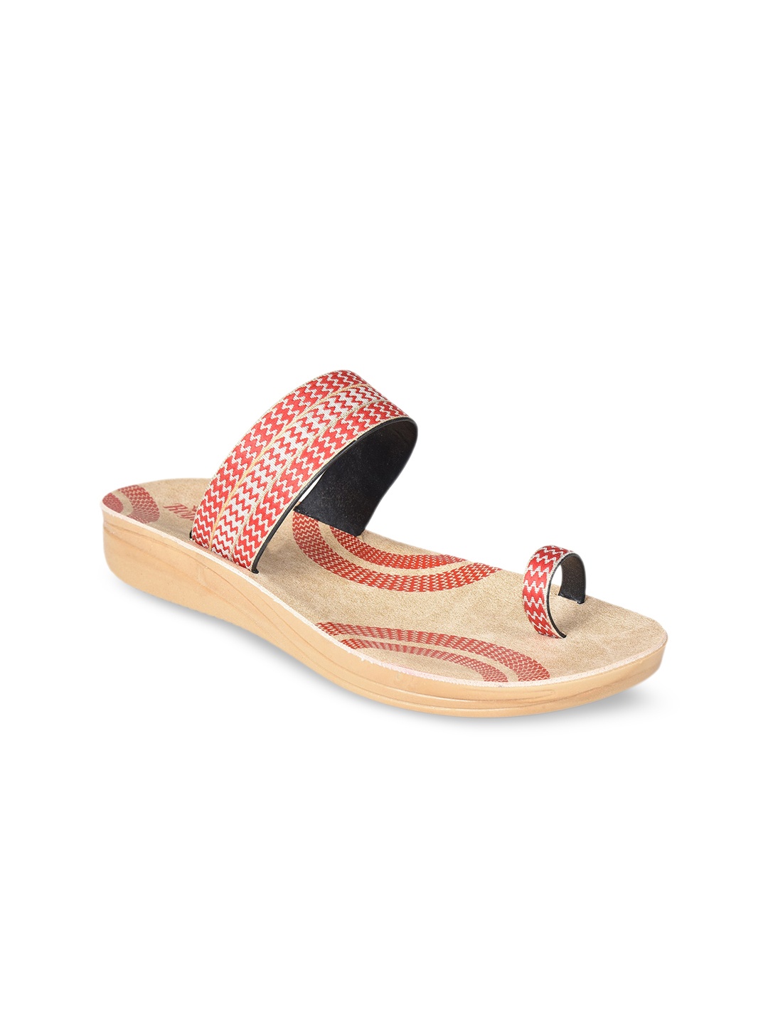Ajanta Printed Fabric One Toe Flats, Red
