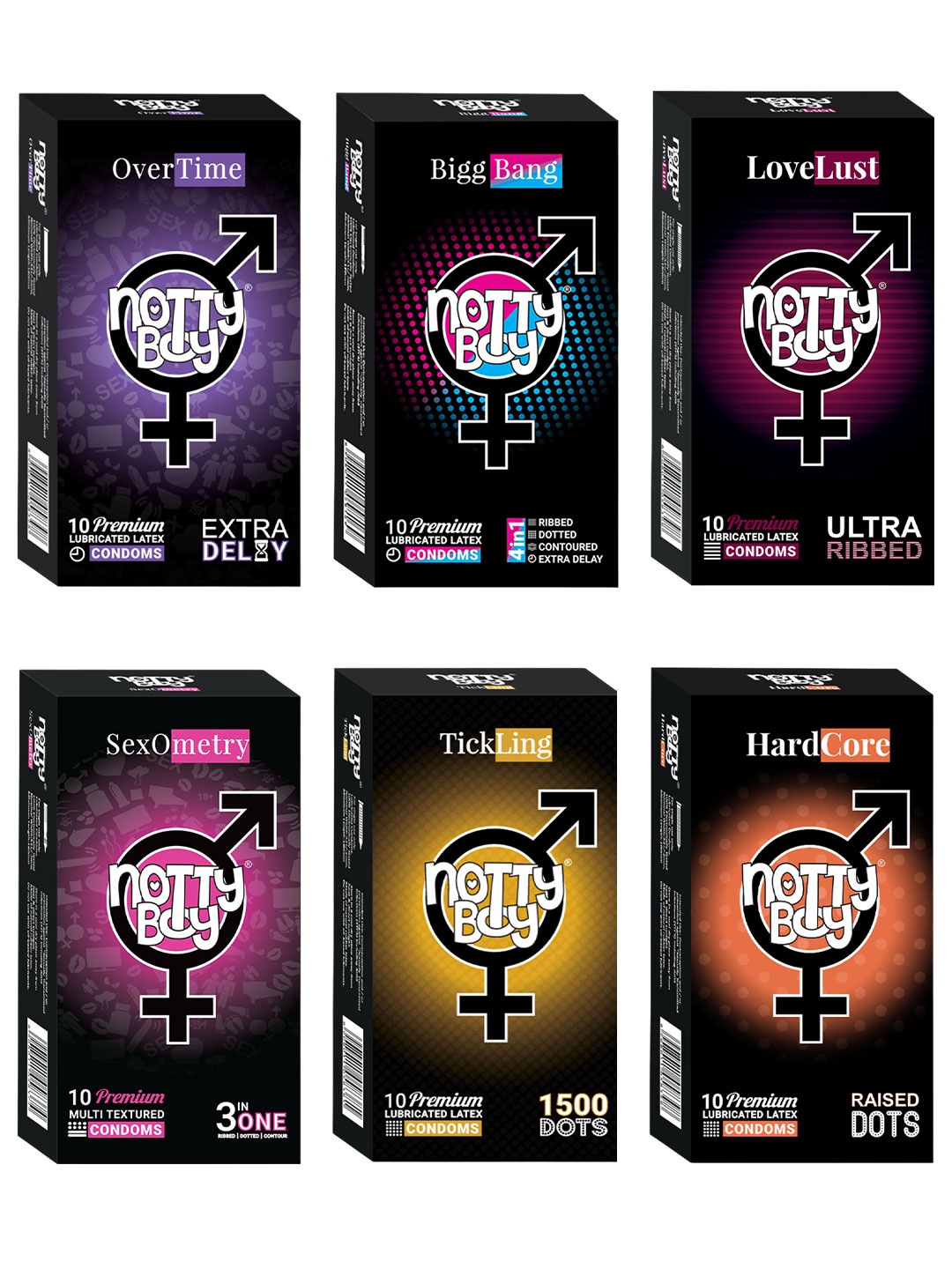 noTTy Boy Set Of 6 Extra Lubricated Condoms with Disposal Pouches - 10 Pcs Each, Multi
noTTy Boy Set Of 6 Extra Lubricated Condoms with Disposal Pouches - 10 Pcs Each, Multi