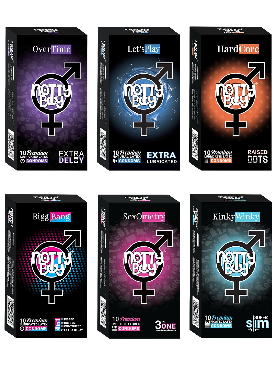 noTTy Boy Set Of 6 Extra Lubricated Condoms with Disposal Pouches - 10 Pcs Each, Multi
noTTy Boy Set Of 6 Extra Lubricated Condoms with Disposal Pouches - 10 Pcs Each, Multi