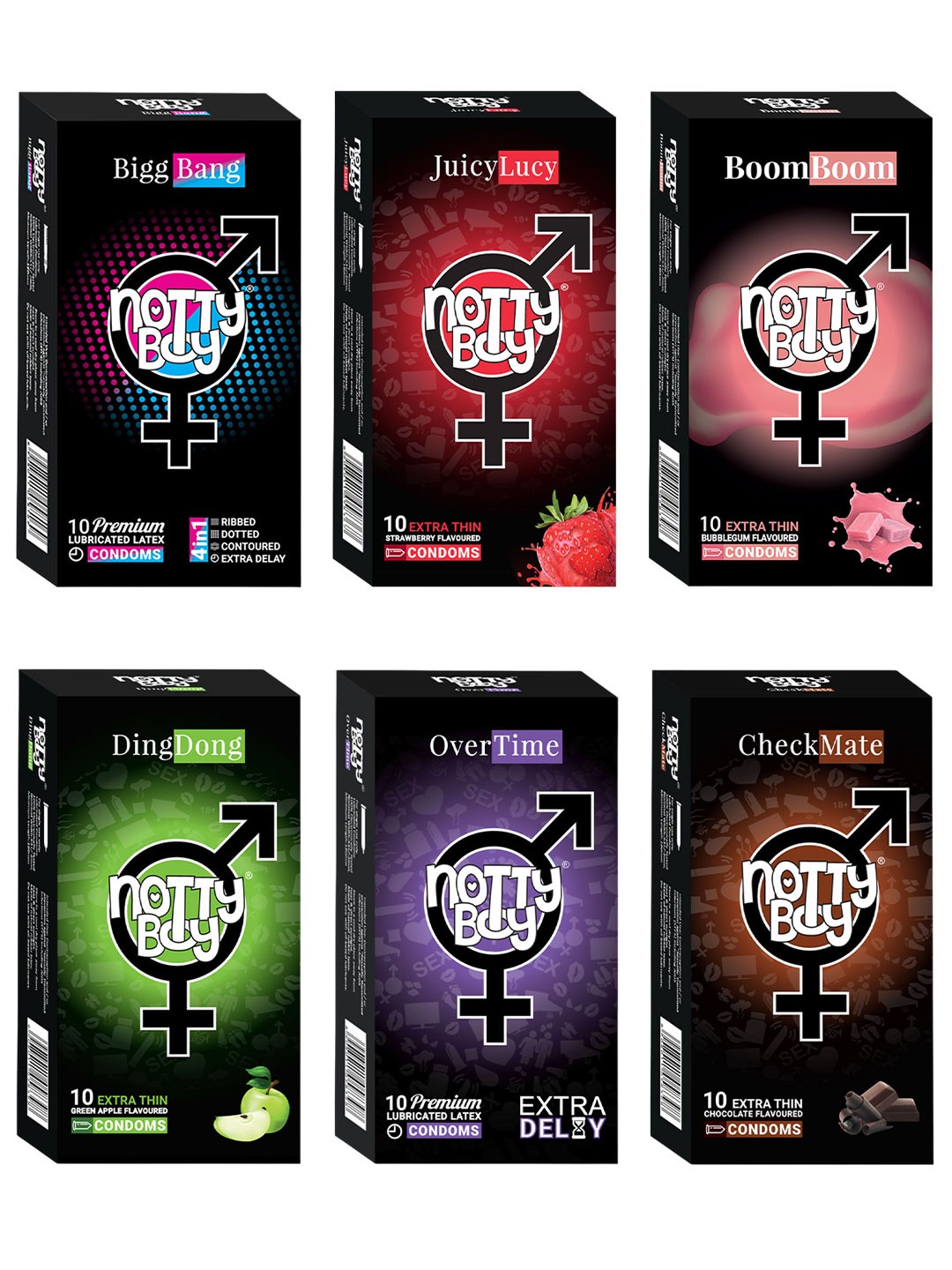 noTTy Boy Set Of 6 Extra Lubricated Condoms with Disposal Pouches - 10 Pcs Each, Multi
noTTy Boy Set Of 6 Extra Lubricated Condoms with Disposal Pouches - 10 Pcs Each, Multi