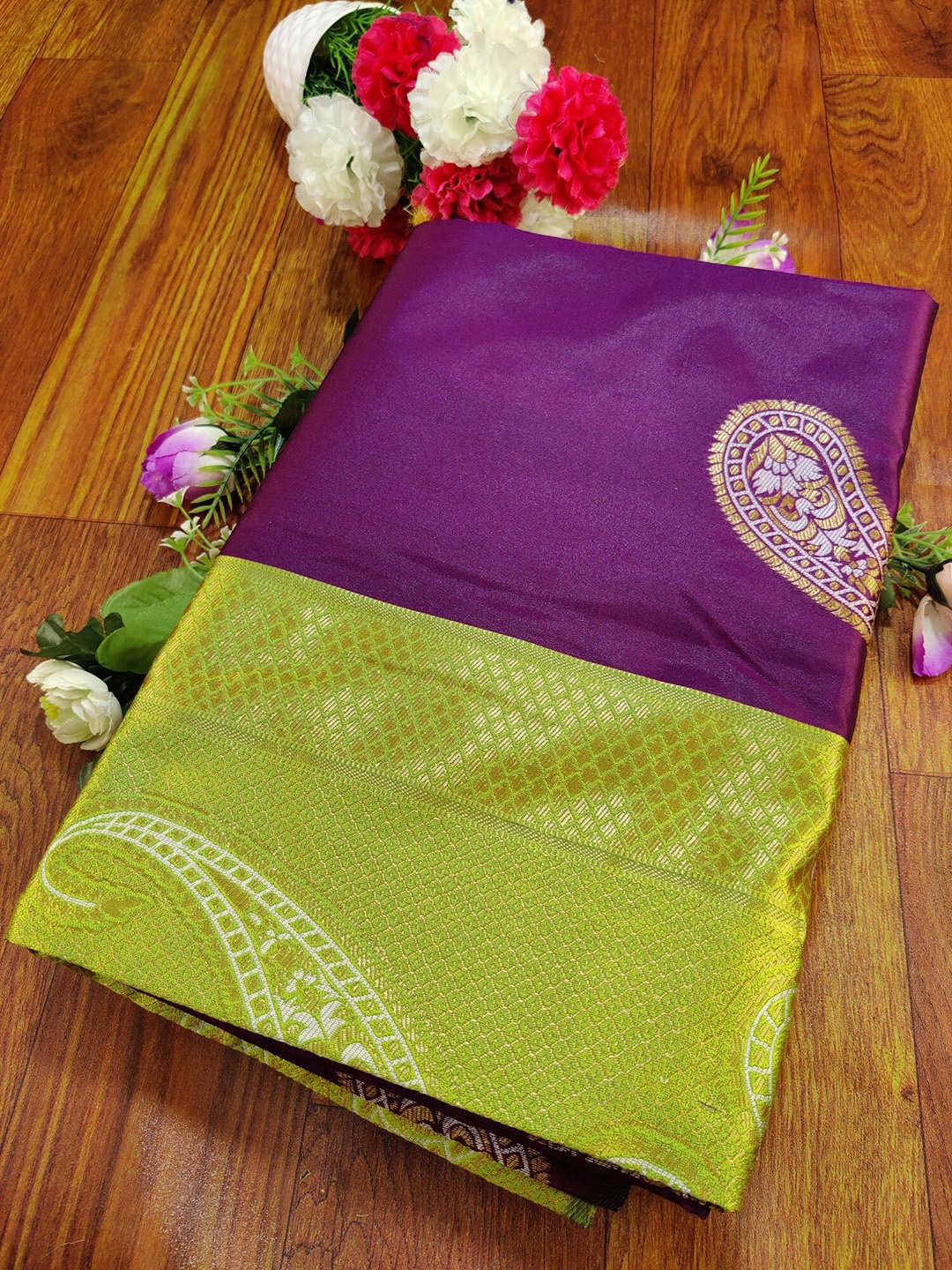 KALINI Paisley Woven Design Zari Kanjeevaram Saree, Purple