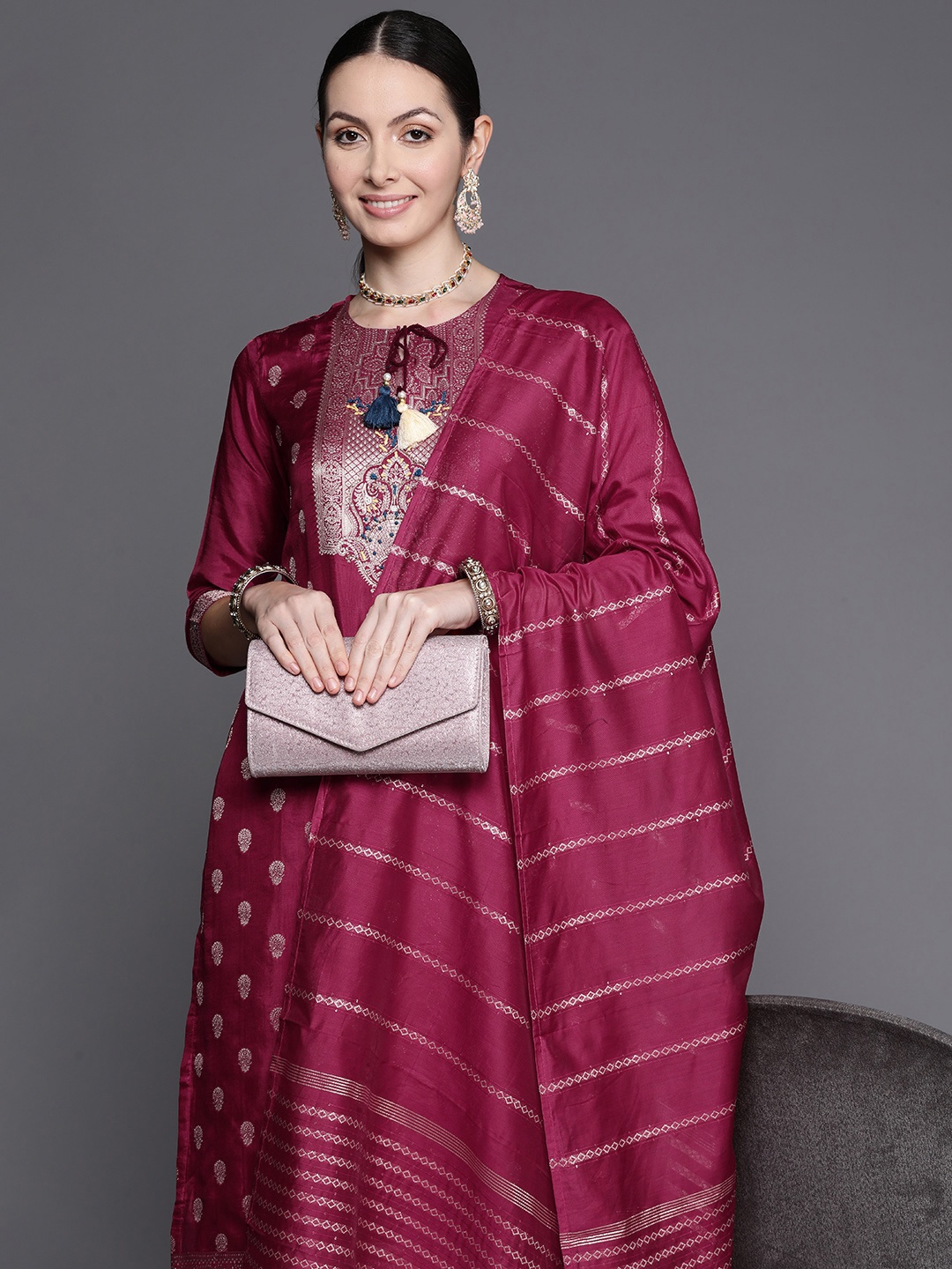 Indo Era Women Woven Design Ethnic Motifs Zari Regular Kurta with Trousers & With Dupatta, Red
Indo Era Women Woven Design Ethnic Motifs Zari Regular Kurta with Trousers & With Dupatta, Red