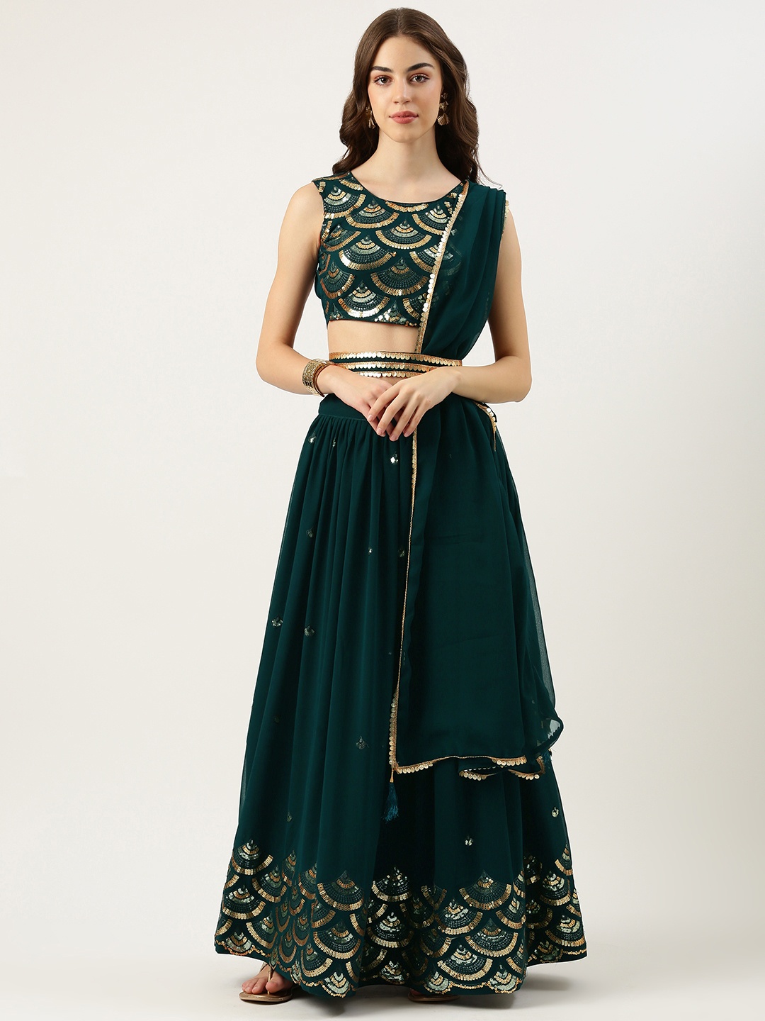 Fabcartz Embroidered Sequinned Semi-Stitched Lehenga & Unstitched Blouse With Dupatta, Teal
Fabcartz Embroidered Sequinned Semi-Stitched Lehenga & Unstitched Blouse With Dupatta, Teal