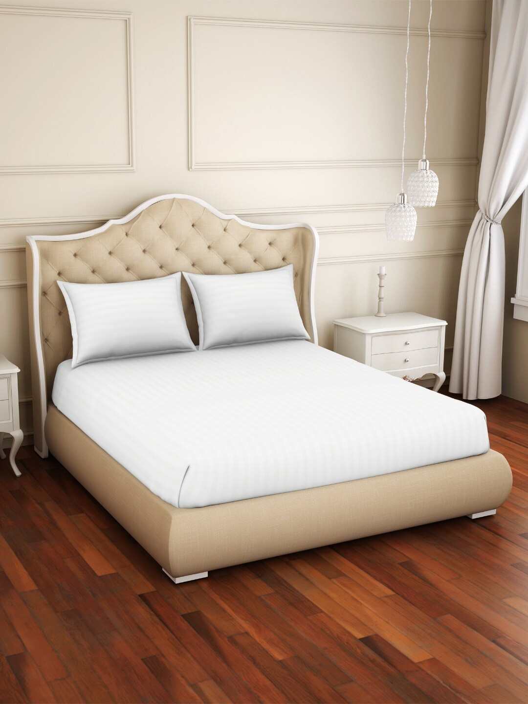 SPACES Skyrise White Striped Pure Cotton 210 TC Fitted King Bedsheet With 2 Pillow Covers
SPACES Skyrise White Striped Pure Cotton 210 TC Fitted King Bedsheet With 2 Pillow Covers