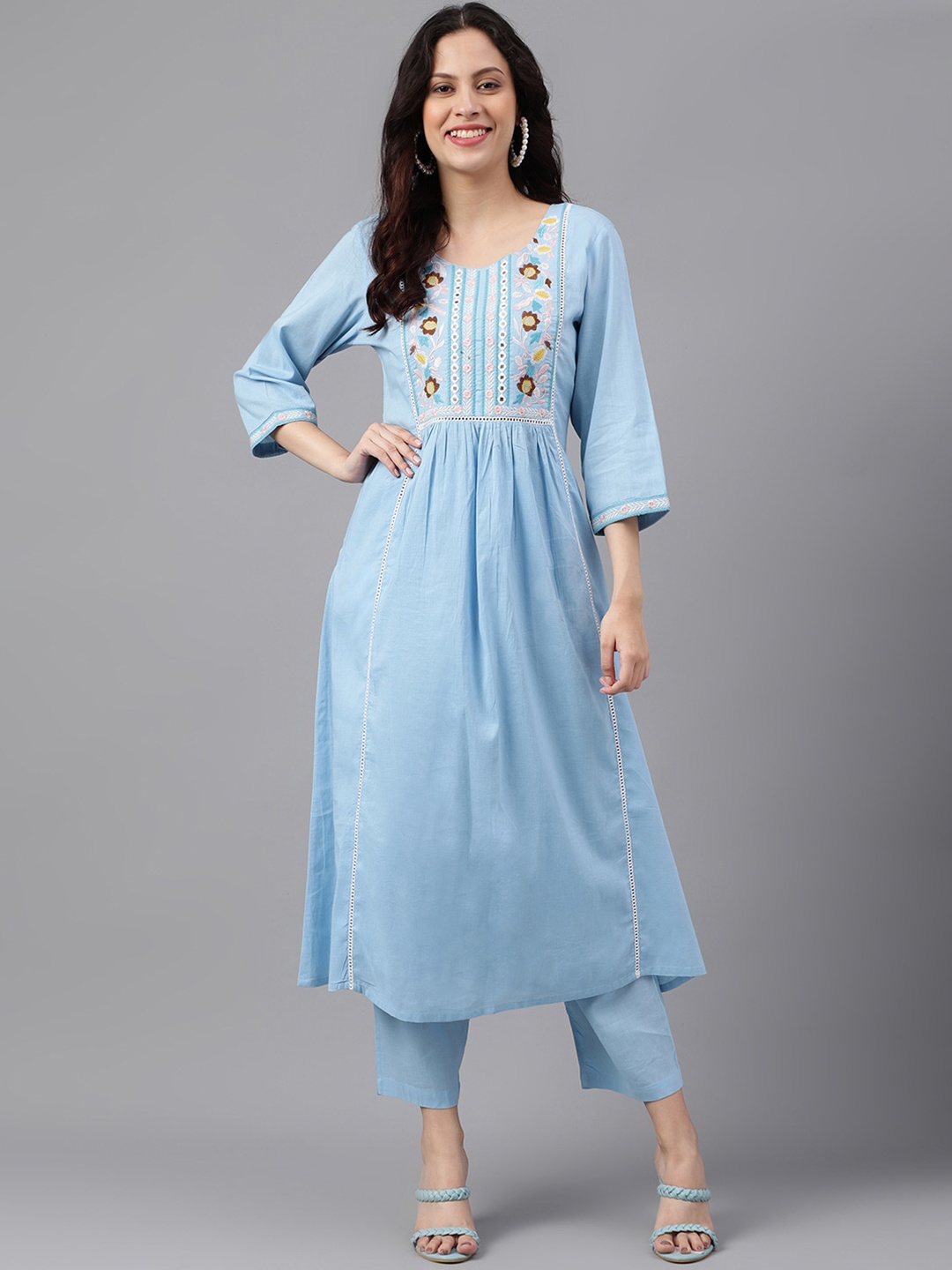 KALINI Floral Embroidered Mirror Work Yoke Design Pure Cotton Kurta with Trousers, Blue
KALINI Floral Embroidered Mirror Work Yoke Design Pure Cotton Kurta with Trousers, Blue