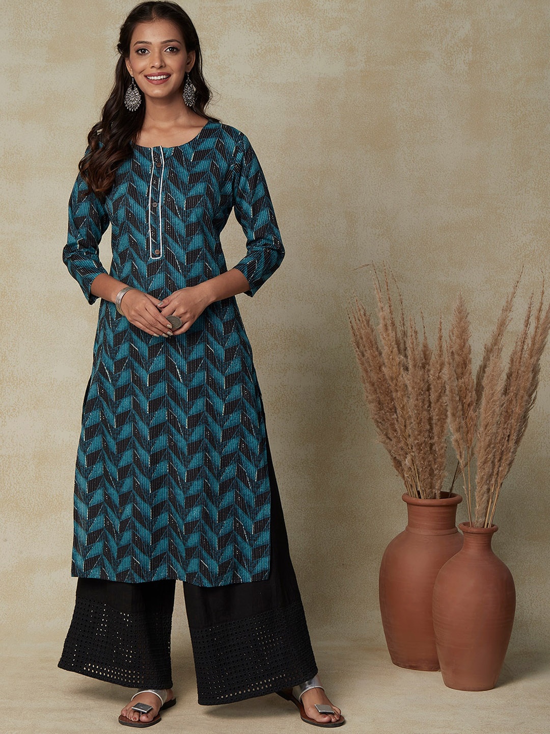 FASHOR Blue Striped Cotton Kurta