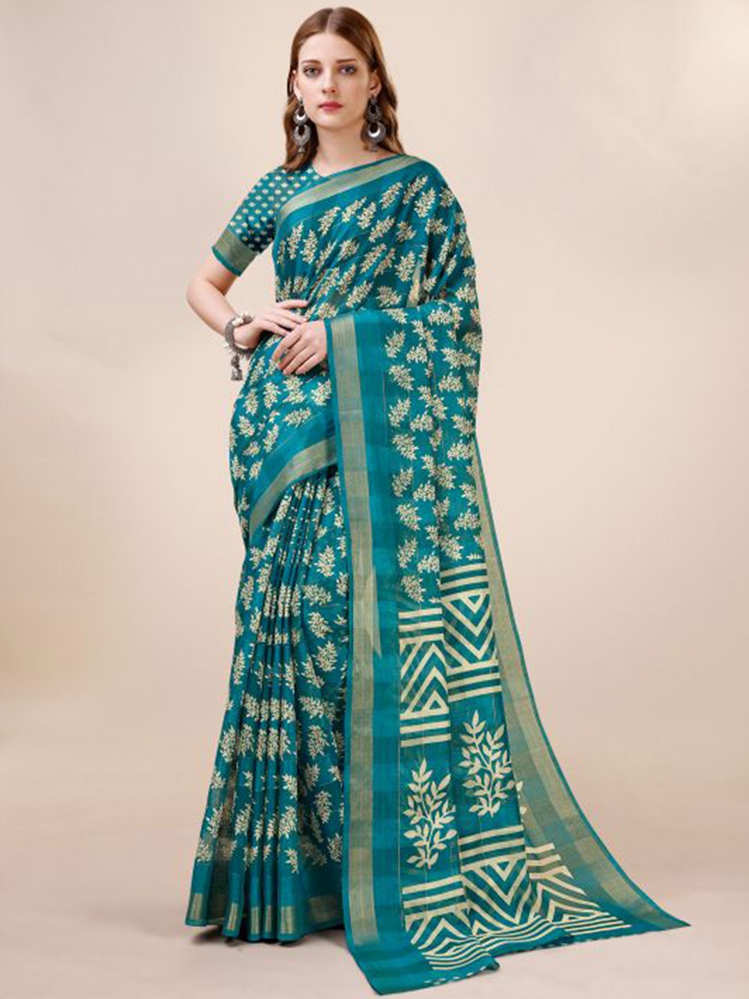Dori Floral Printed Zari Pure Cotton Saree, Turquoise blue