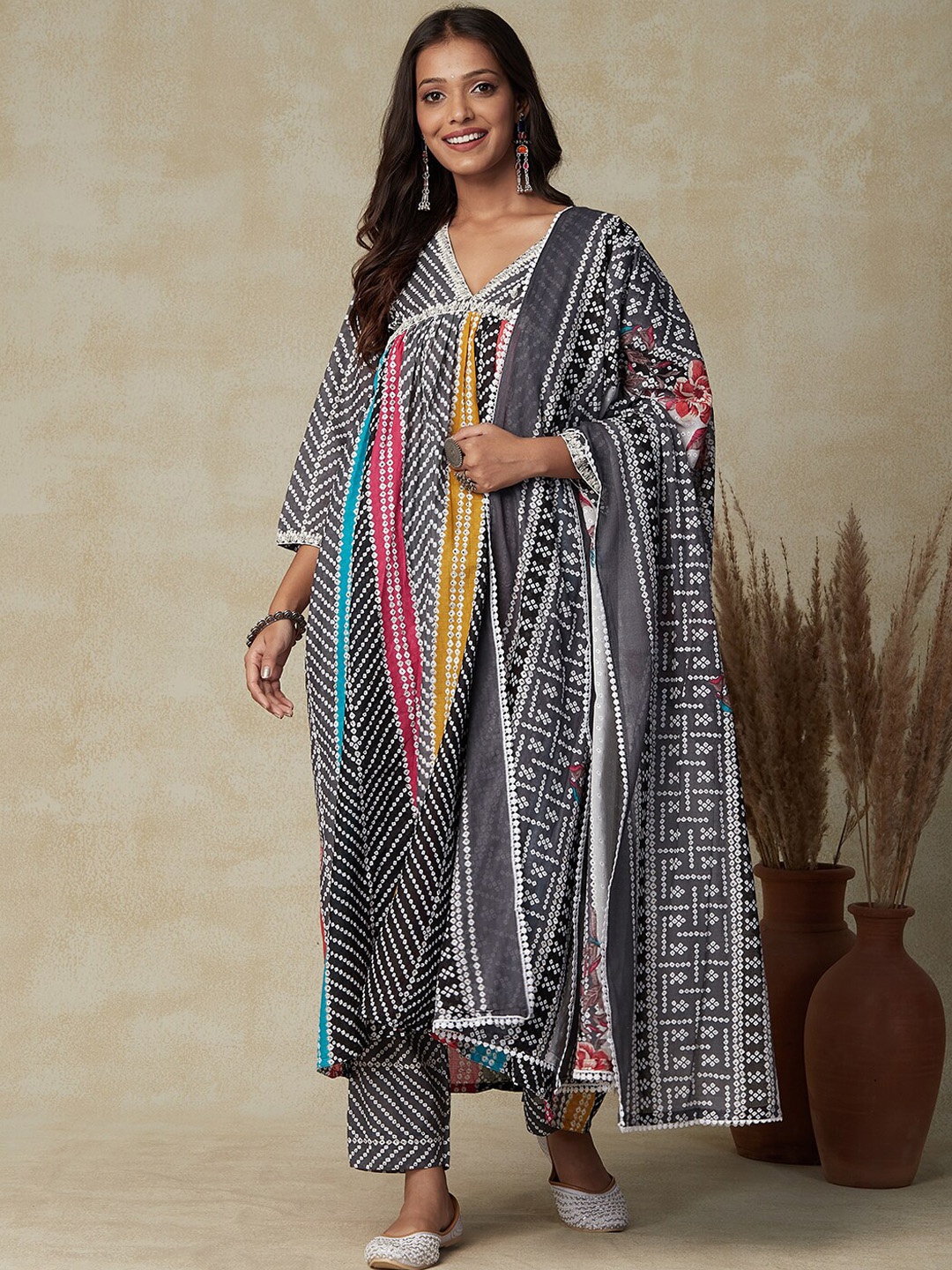 FASHOR Grey Bandhani Printed Empire Pure Cotton Anarkali Kurta With Trousers & Dupatta
FASHOR Grey Bandhani Printed Empire Pure Cotton Anarkali Kurta With Trousers & Dupatta