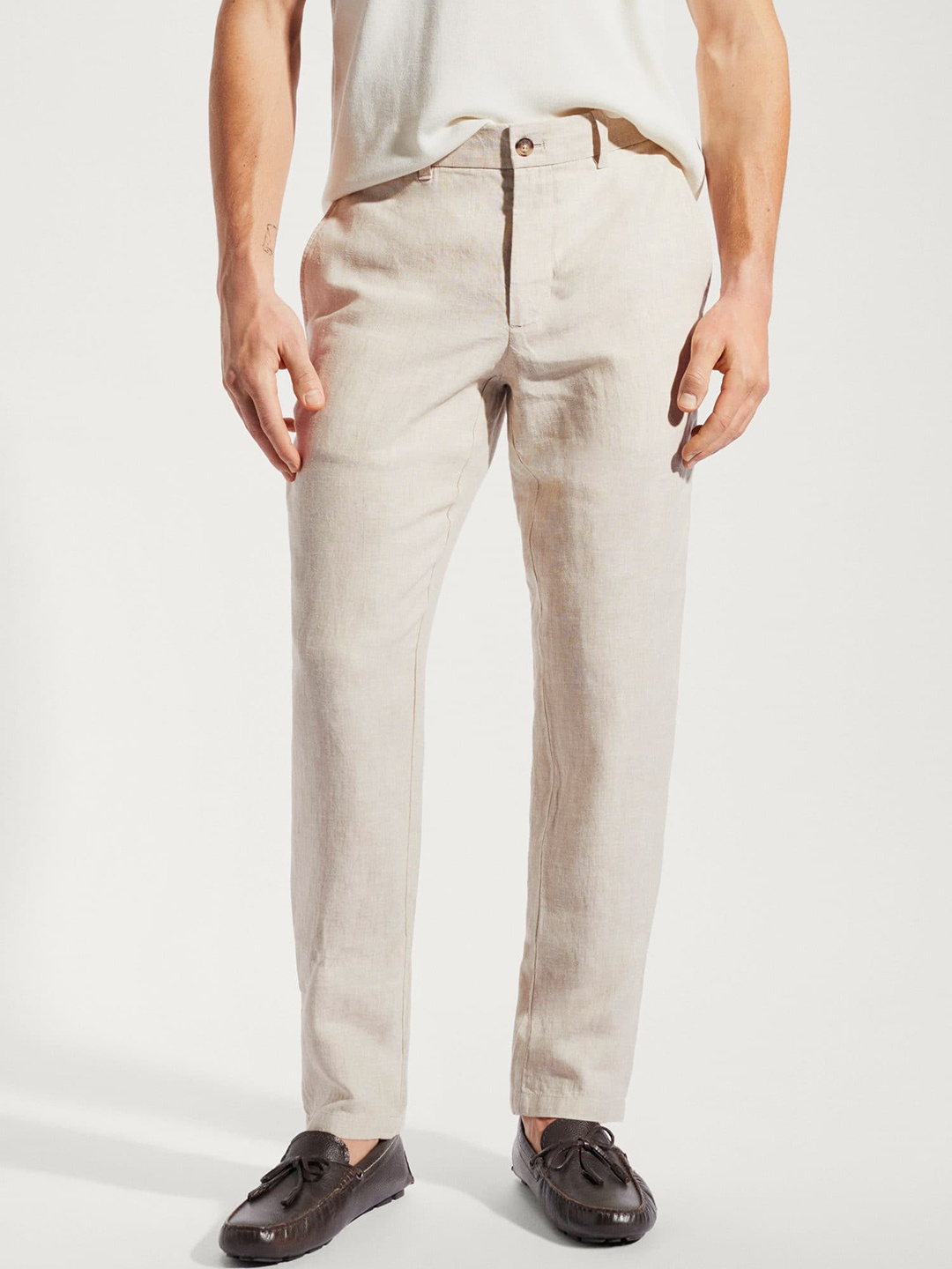 MANGO MAN Slim Fit Pure Linen Trousers, Beige