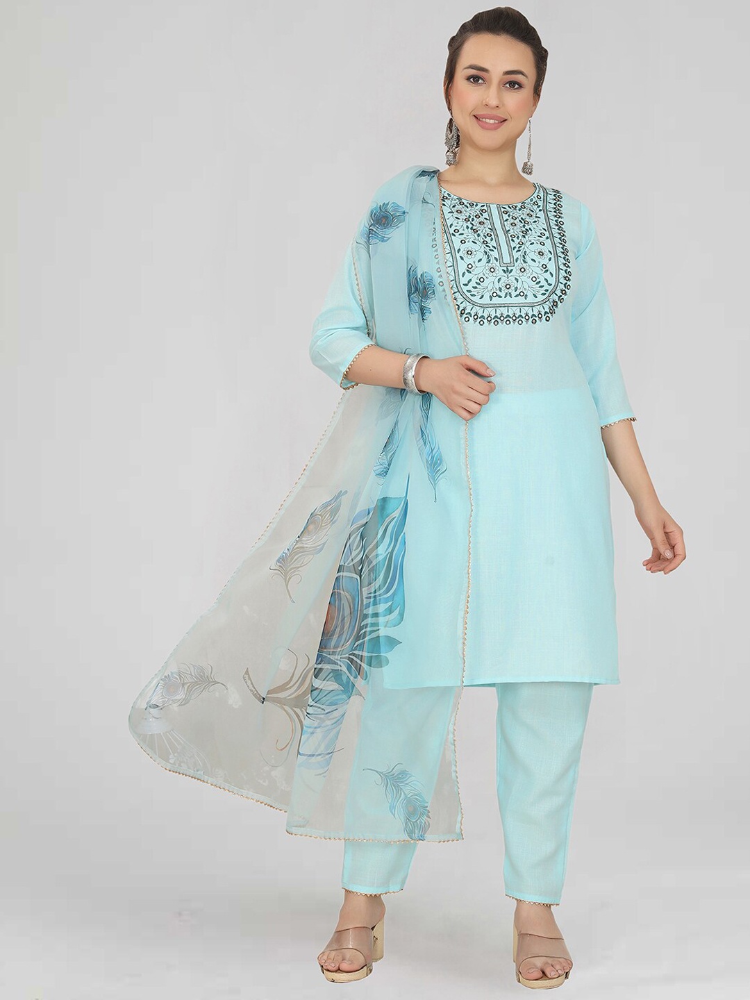 KALINI Floral Embroidered Yoke Design Thread Work Kurta With Trousers & Dupatta, Turquoise blue
KALINI Floral Embroidered Yoke Design Thread Work Kurta With Trousers & Dupatta, Turquoise blue