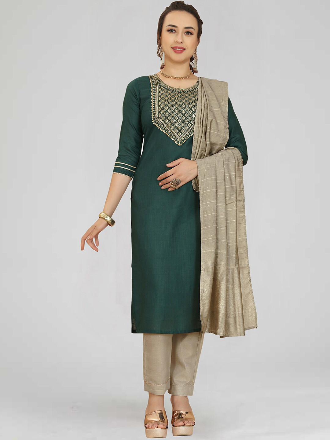KALINI Round Neck Ethnic Motifs Yoke Design Thread Work Kurta with Palazzos & With Dupatta, Green
KALINI Round Neck Ethnic Motifs Yoke Design Thread Work Kurta with Palazzos & With Dupatta, Green