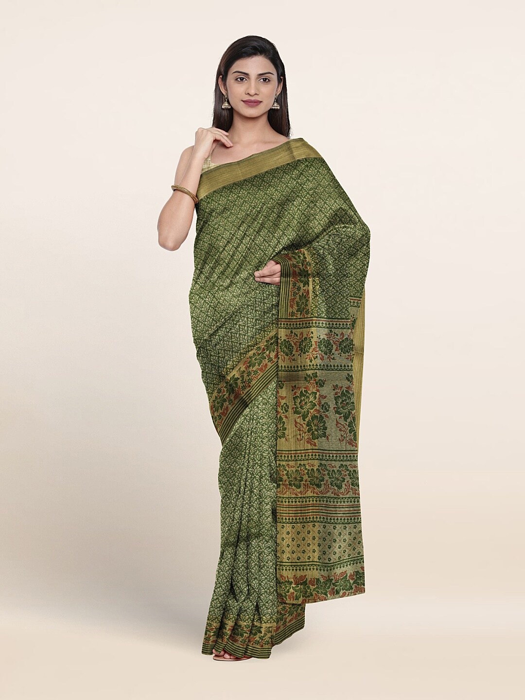 Pothys Floral Printed Zari Pure Cotton Saree, Green