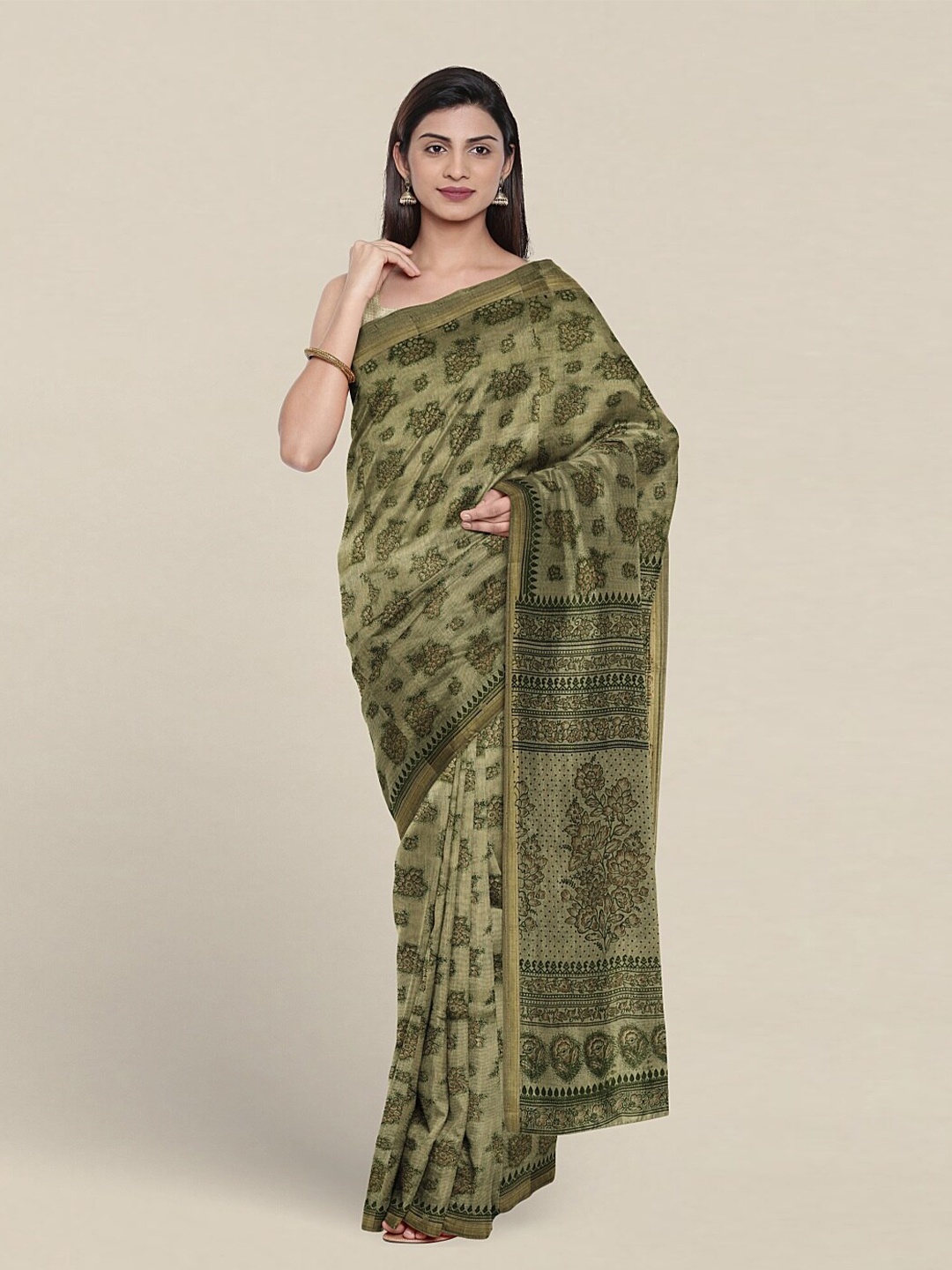 Pothys Floral Printed Pure Cotton Saree, Green