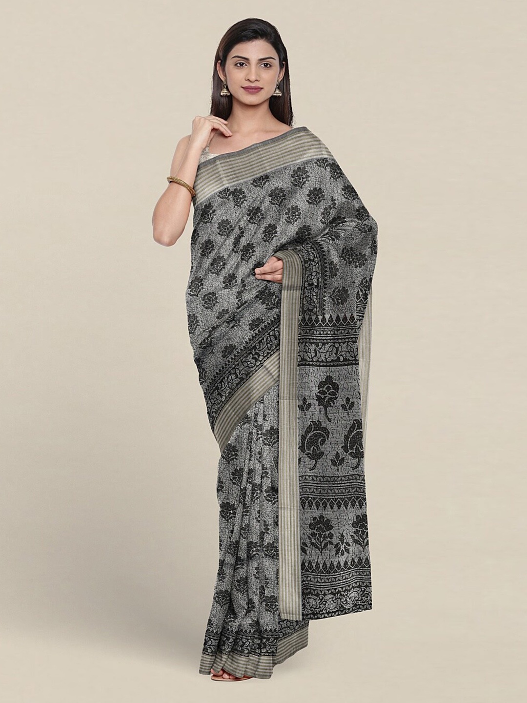 Pothys Floral Printed Pure Cotton Saree, Grey