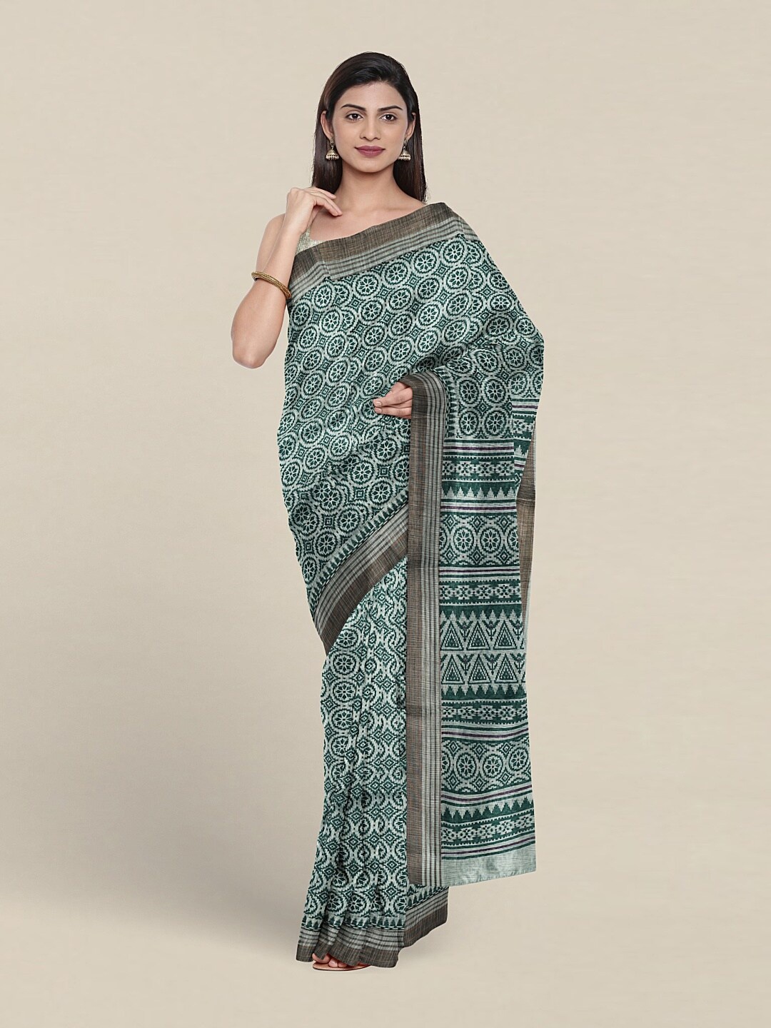 Pothys Geometric Printed Pure Cotton Saree, Green