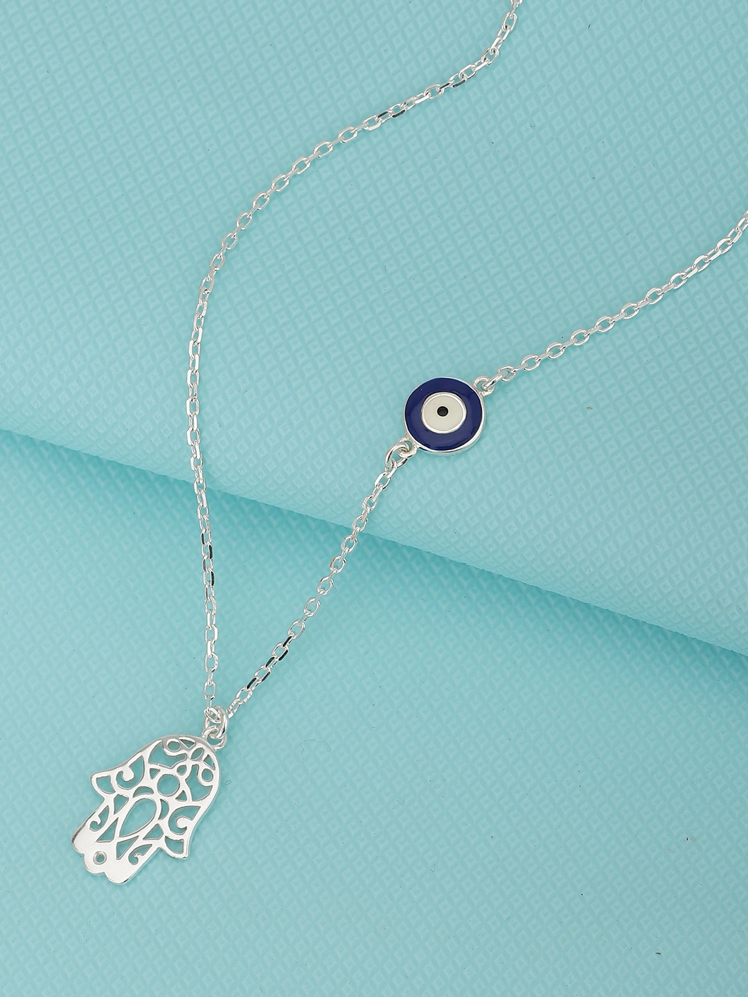 Carlton London Rhodium Plated Hamsa Pendant with Evil Eye Enamel Charm & chain, Silver
Carlton London Rhodium Plated Hamsa Pendant with Evil Eye Enamel Charm & chain, Silver