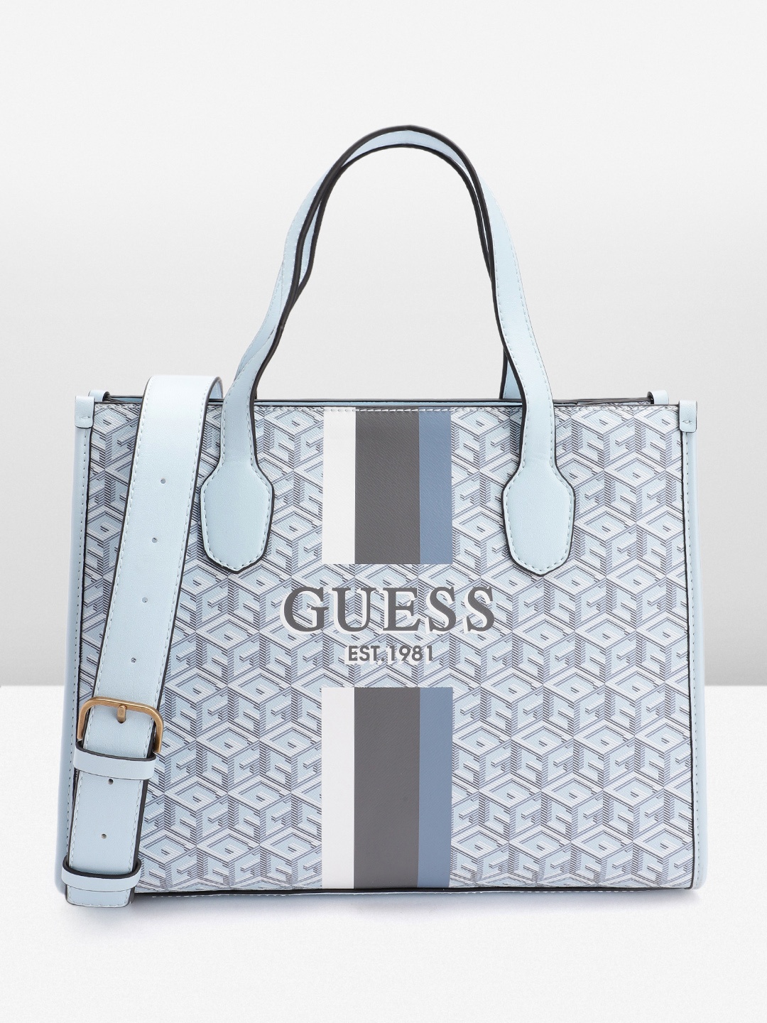 GUESS Brand Logo Printed Structured Handheld Bag, Blue