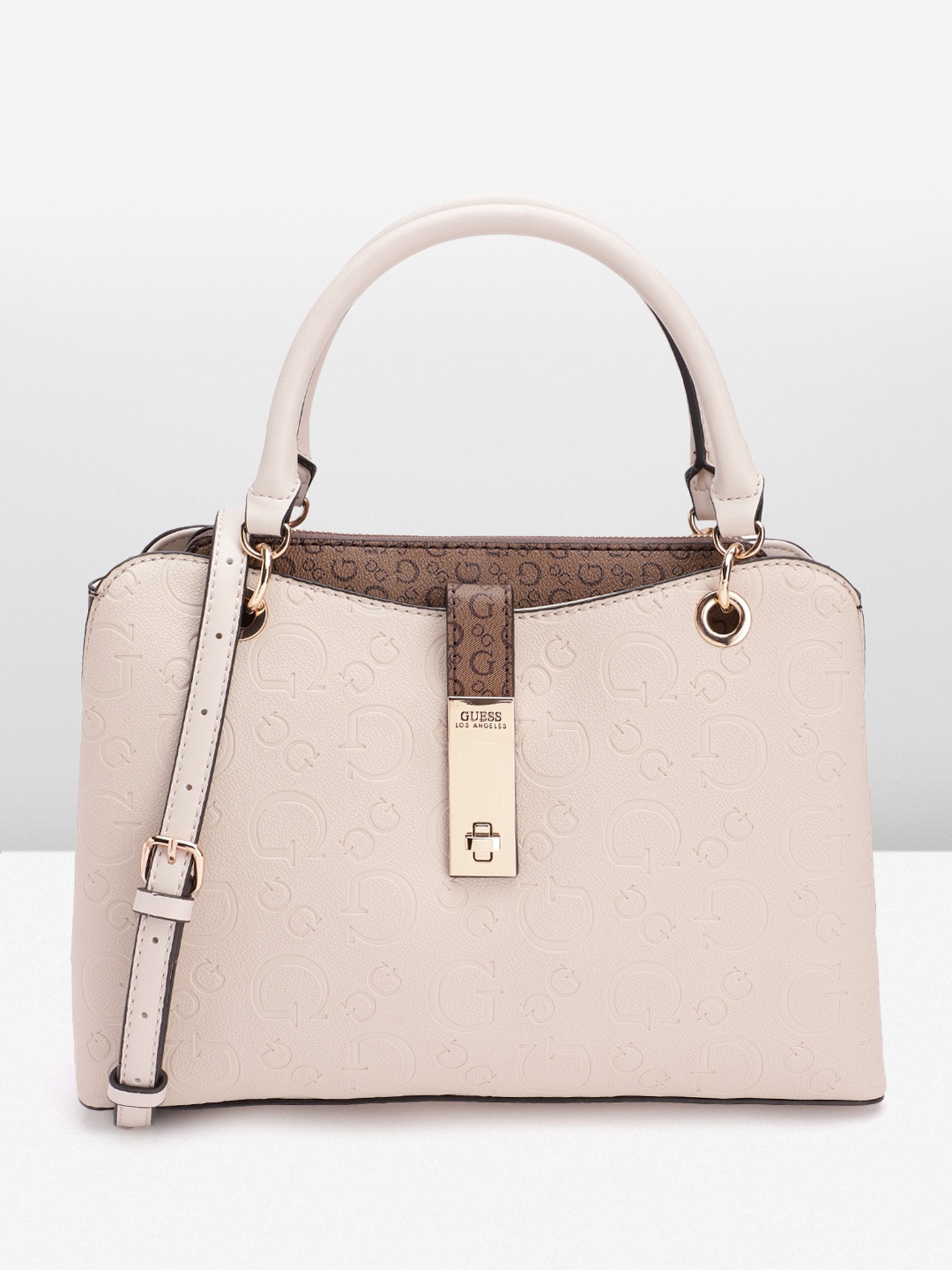 GUESS Brand Logo Textured Structured Handheld Bag, Beige