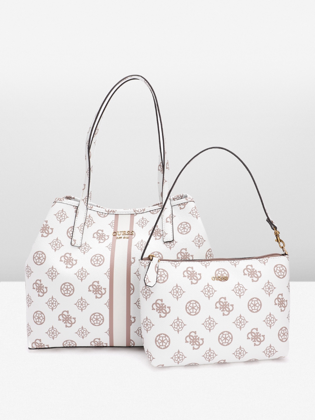 GUESS Brand Logo Printed Structured Shoulder Bag, White