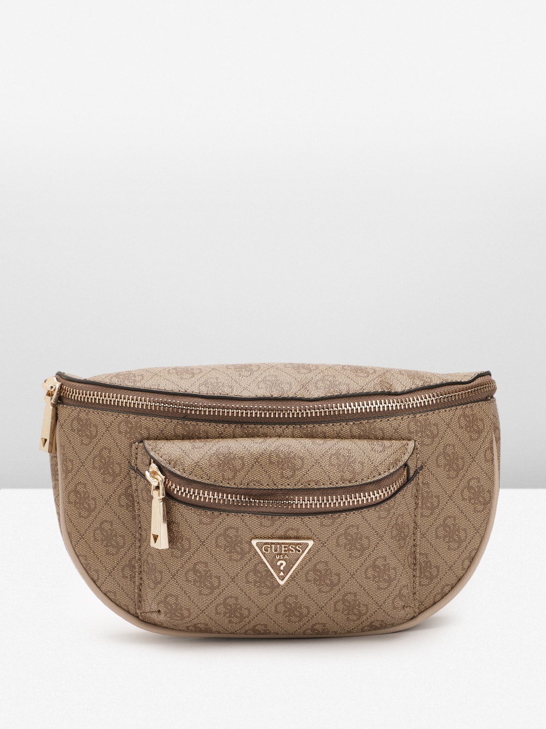 GUESS Brand Logo Printed Waist Pouch, Brown