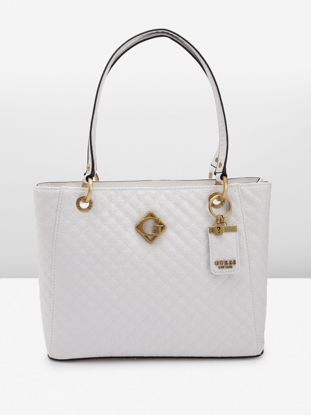 GUESS Women Textured Structured Shoulder Bag with Quilted Detail, White