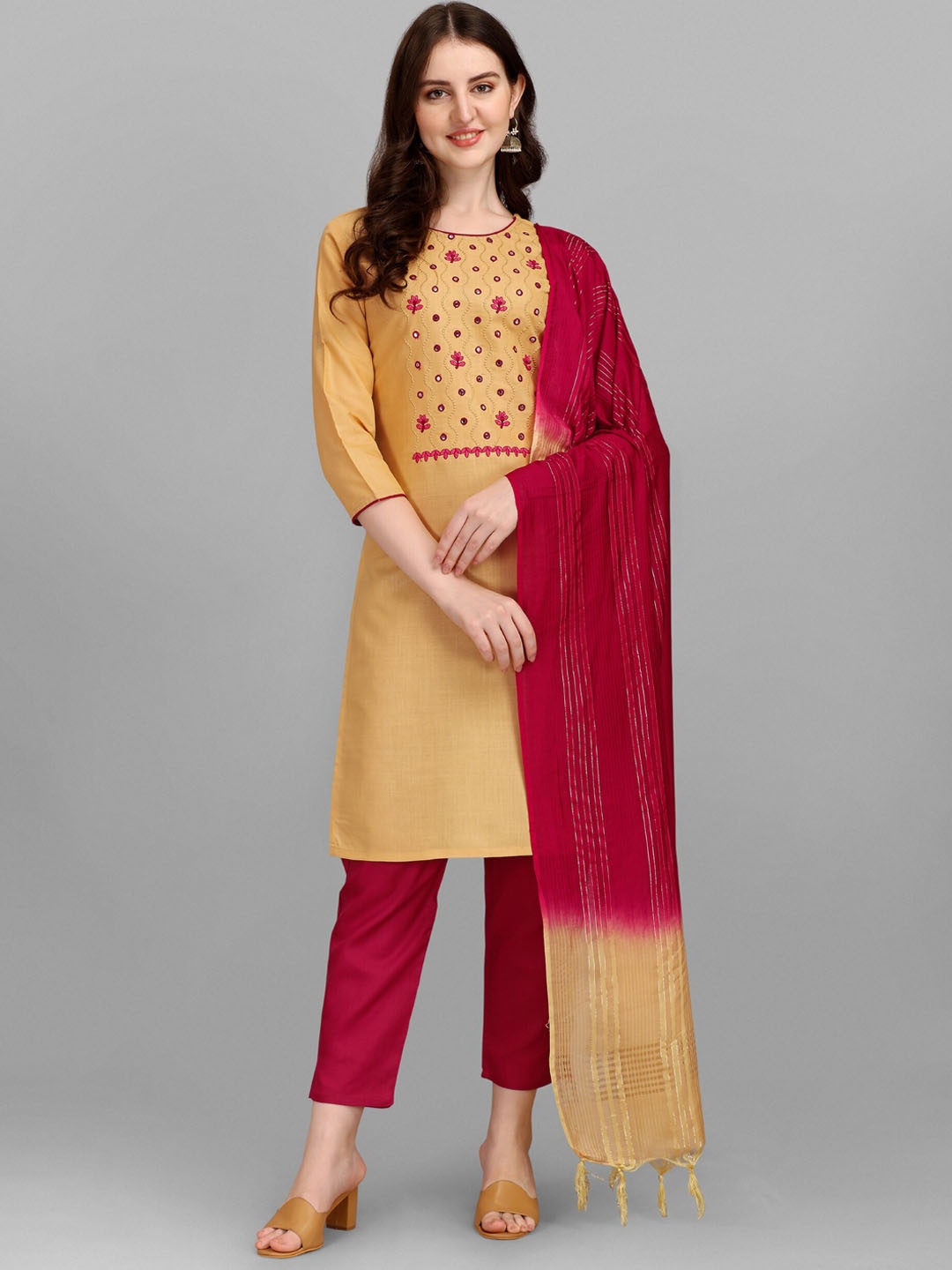 KALINI Round Neck Floral Thread Work Regular Kurta & Trousers with With Dupatta, Beige
KALINI Round Neck Floral Thread Work Regular Kurta & Trousers with With Dupatta, Beige