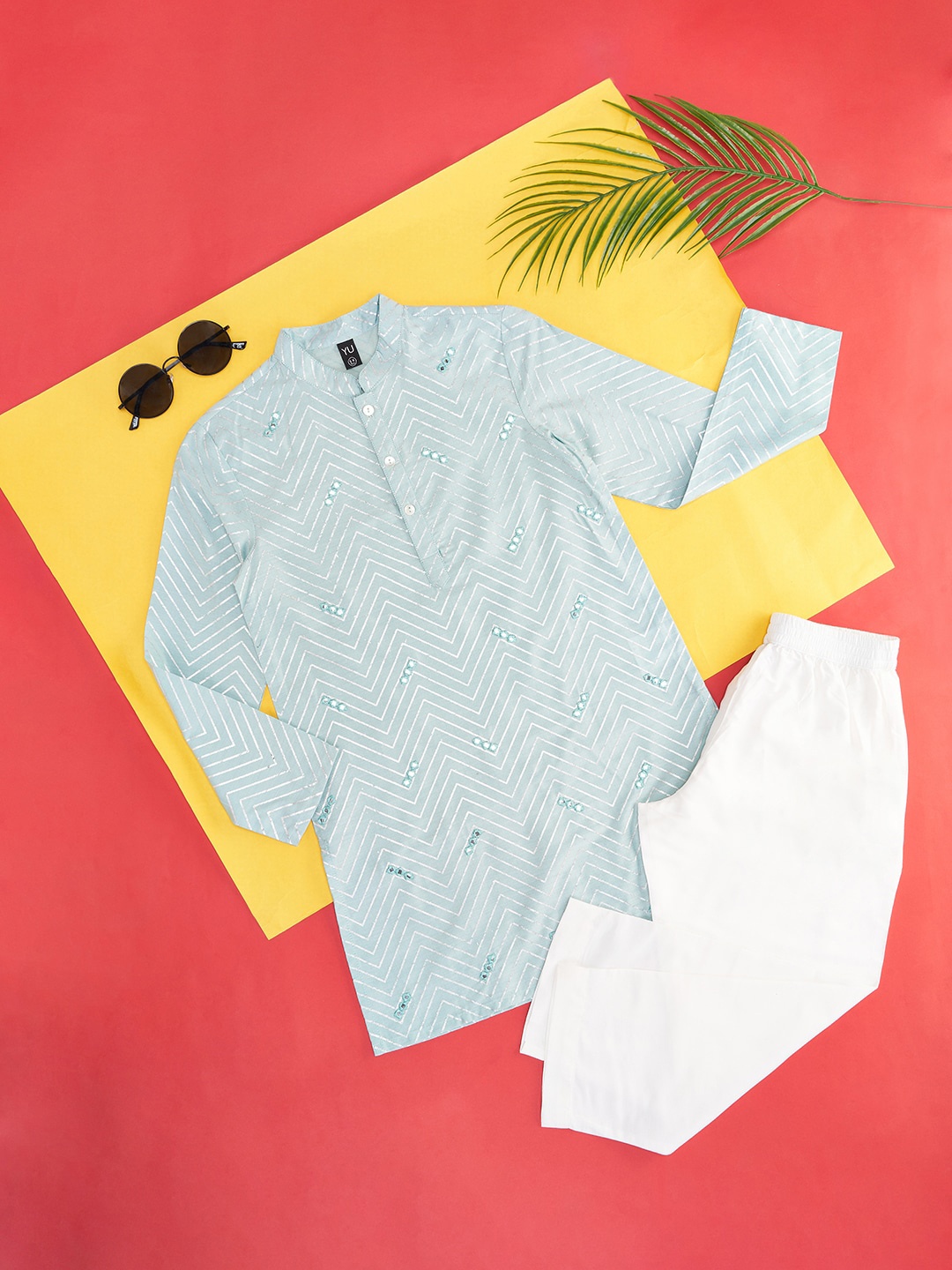 YU by Pantaloons Boys Blue Chevron Printed Mandarin Collar Mirror Work Kurta With Pyjamas
YU by Pantaloons Boys Blue Chevron Printed Mandarin Collar Mirror Work Kurta With Pyjamas