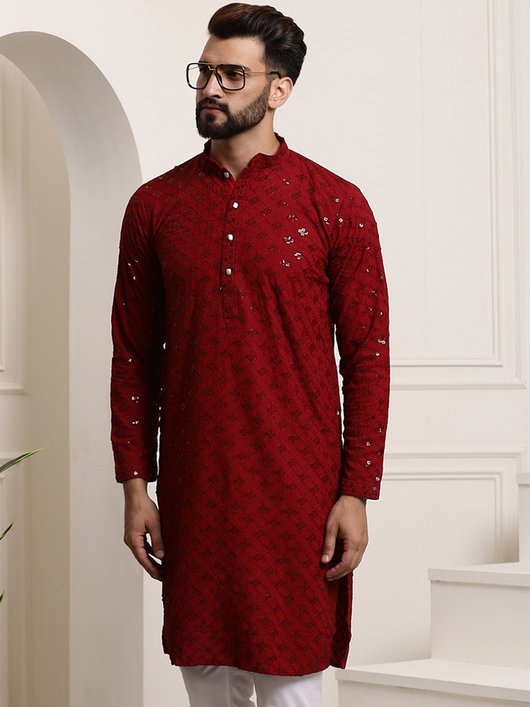 SOJANYA Ethnic Motifs Embroidered Sequined Mandarin Collar Pure Cotton Kurta, Maroon
SOJANYA Ethnic Motifs Embroidered Sequined Mandarin Collar Pure Cotton Kurta, Maroon